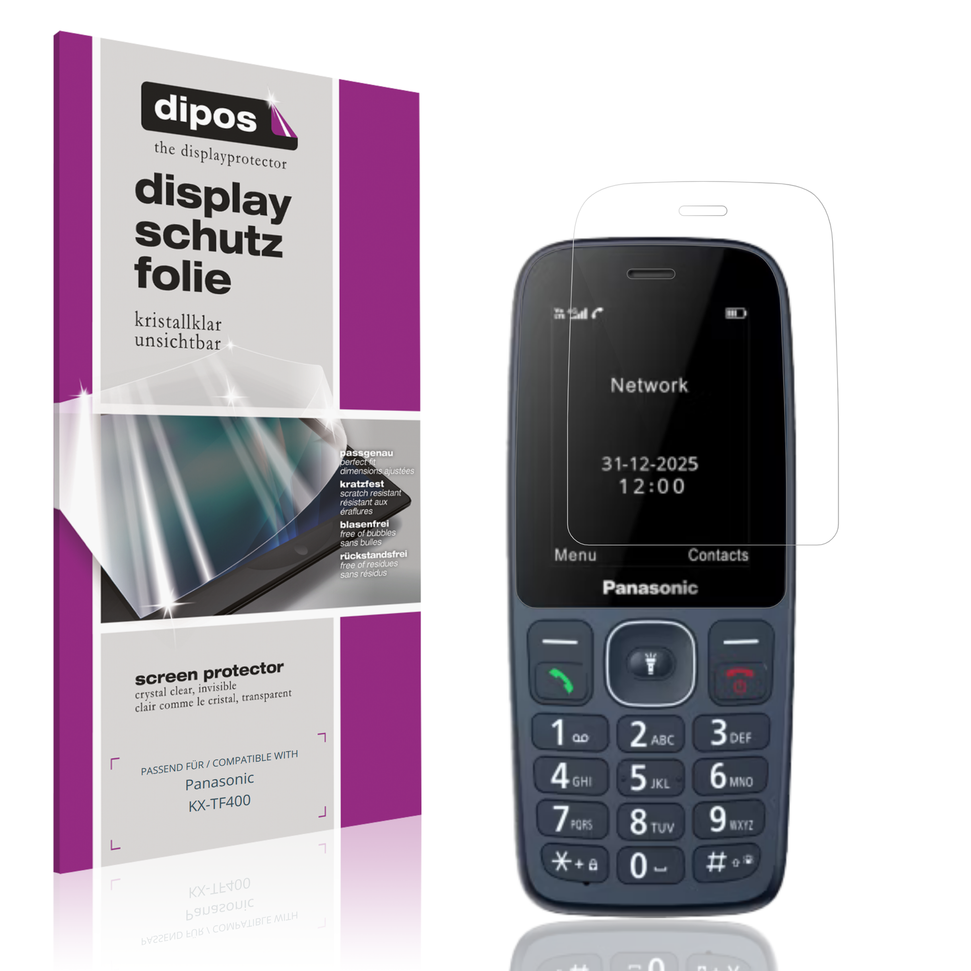 Klare Displayschutzfolie von dipos passend für Panasonic KX-TF400, präziser Zuschnitt und blasenfrei montiert