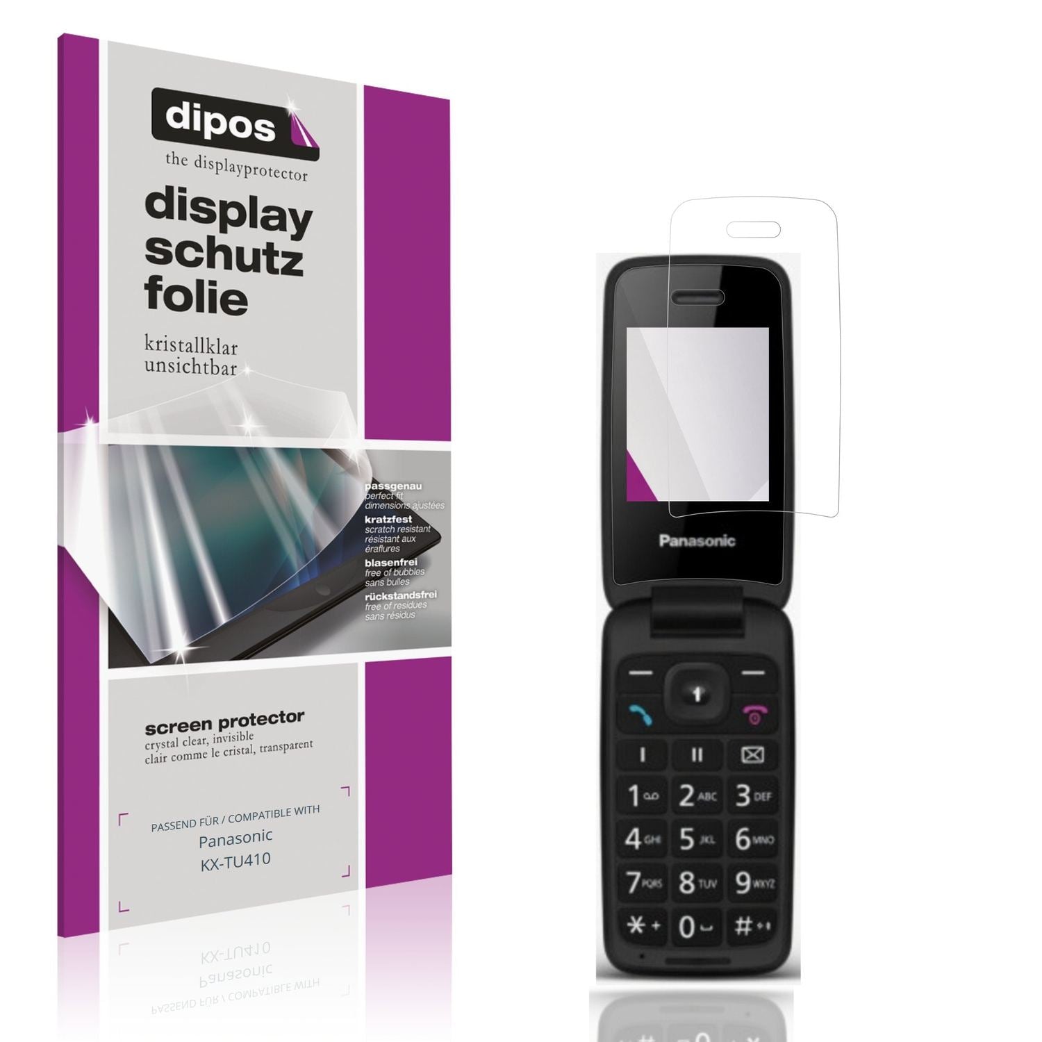 Klare Displayschutzfolie von dipos passend für Panasonic KX-TU410, präziser Zuschnitt und blasenfrei montiert