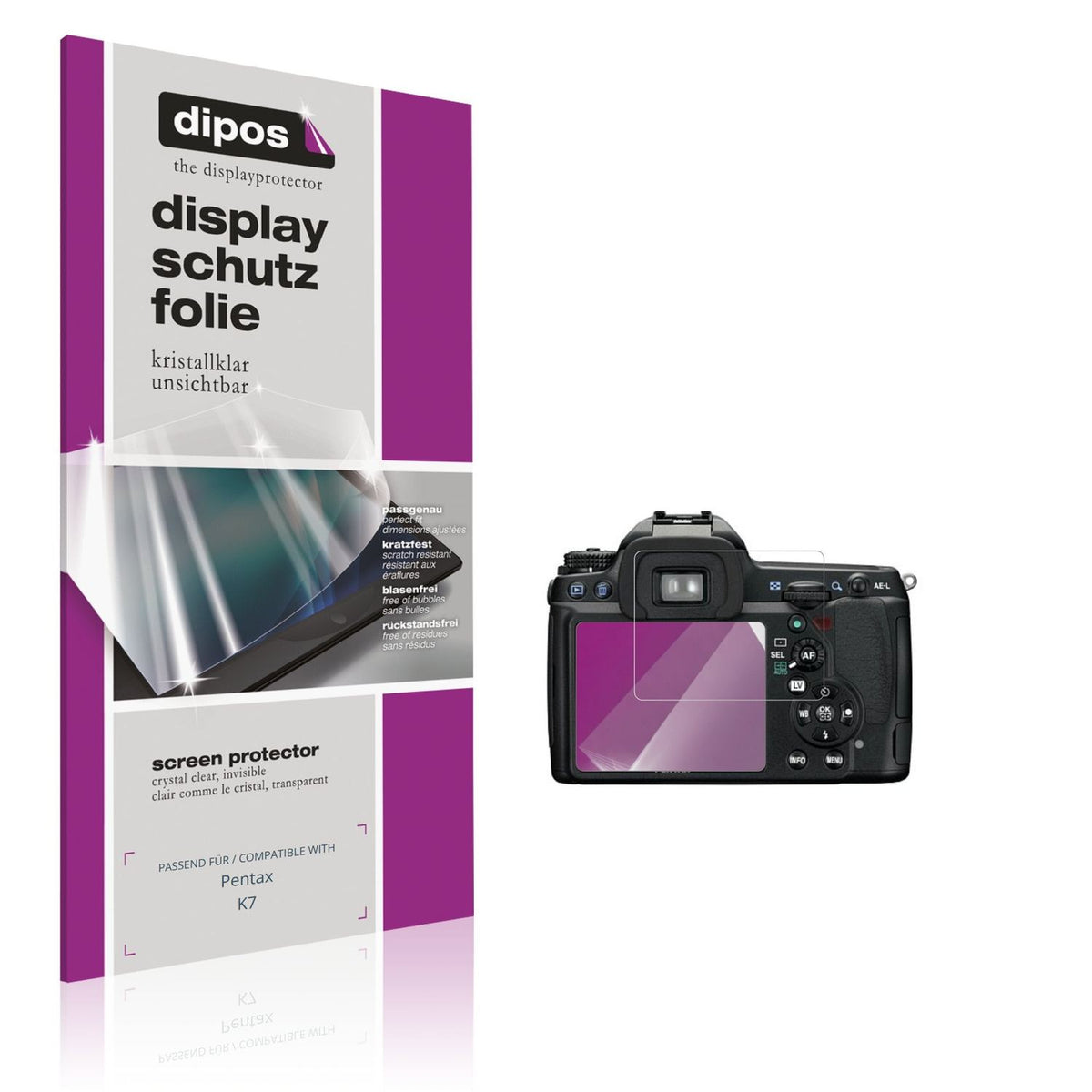 Klare Displayschutzfolie von dipos passend für Pentax K7, präziser Zuschnitt und blasenfrei montiert