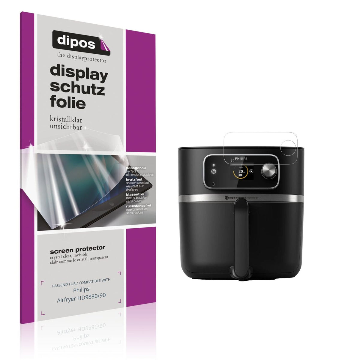 Klare Displayschutzfolie von dipos passend für Philips Airfryer HD9880/90, präziser Zuschnitt und blasenfrei montiert