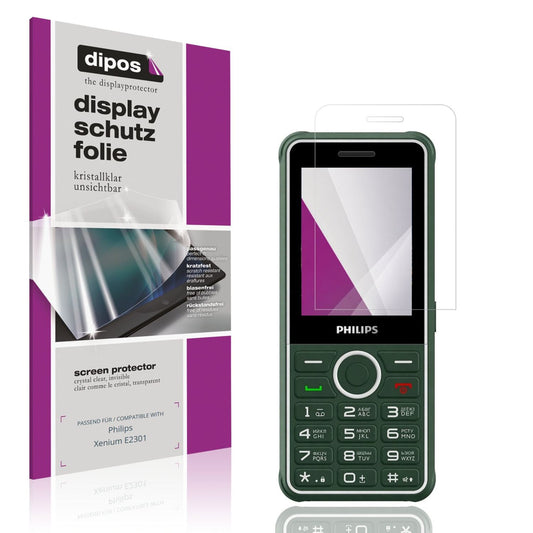 Klare Displayschutzfolie von dipos passend für Philips Xenium E2301, präziser Zuschnitt und blasenfrei montiert