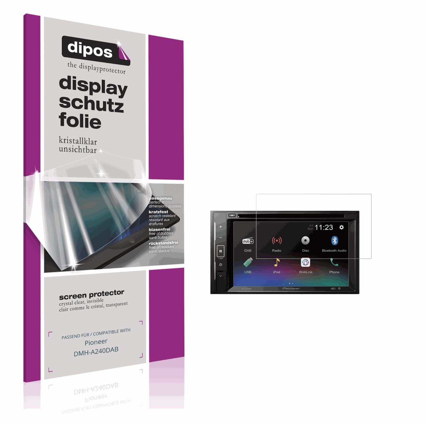 Klare Displayschutzfolie von dipos passend für Pioneer DMH-A240DAB, präziser Zuschnitt und blasenfrei montiert