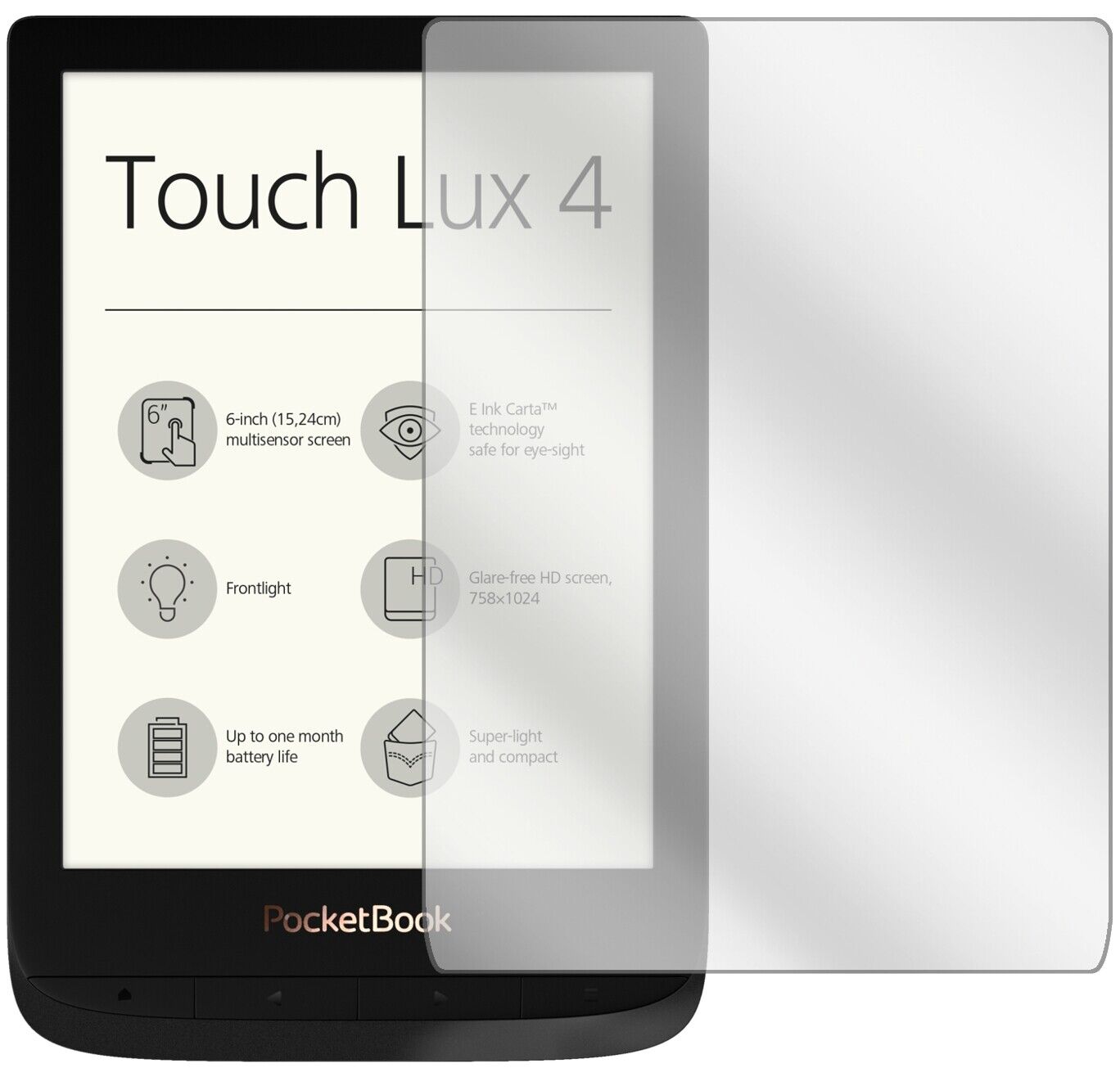 Klare Displayschutzfolie von dipos passend für PocketBook Touch Lux 4, präziser Zuschnitt und blasenfrei montiert
