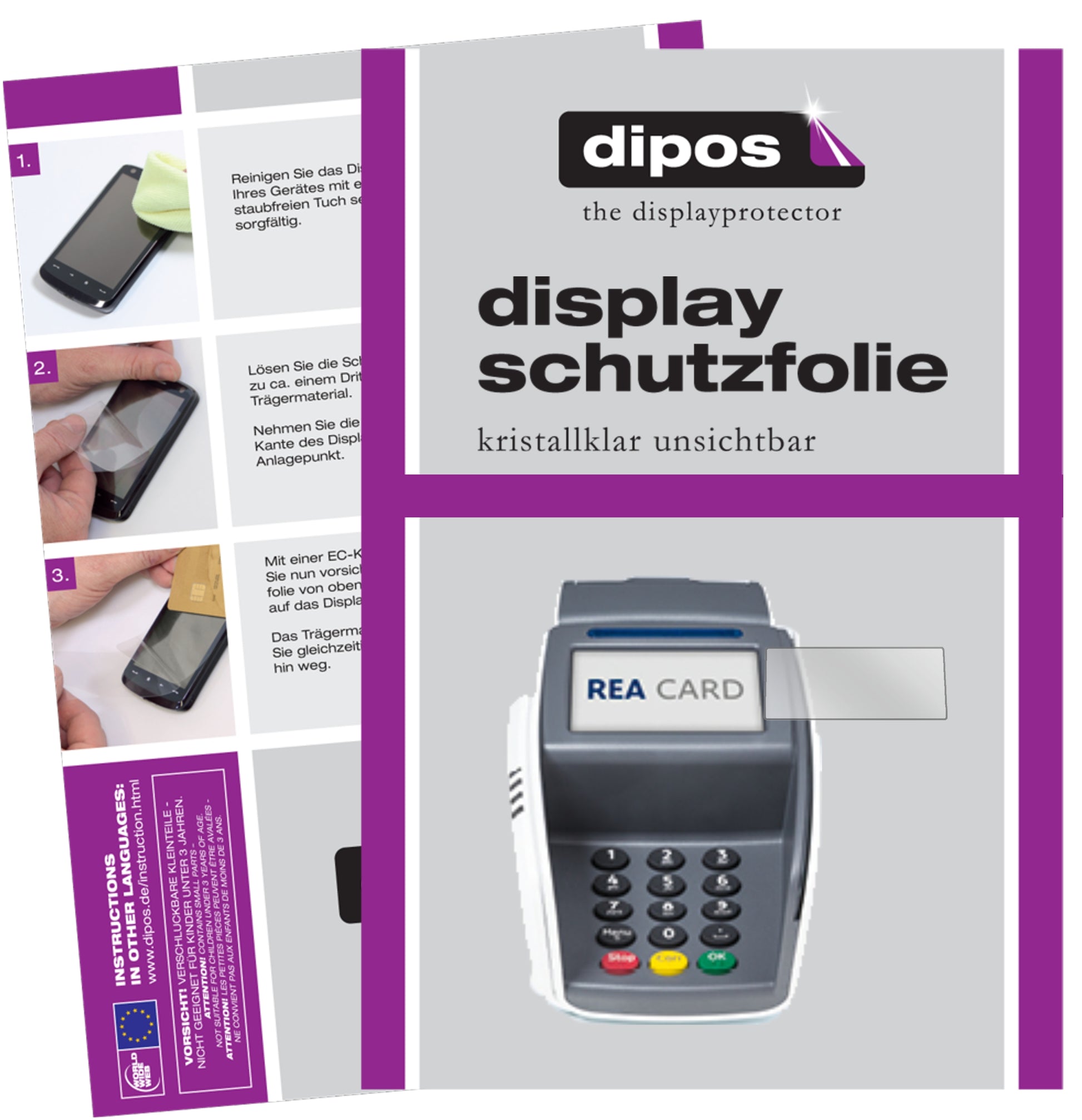 Klare Displayschutzfolie von dipos passend für REA CARD T7 pro, präziser Zuschnitt und blasenfrei montiert
