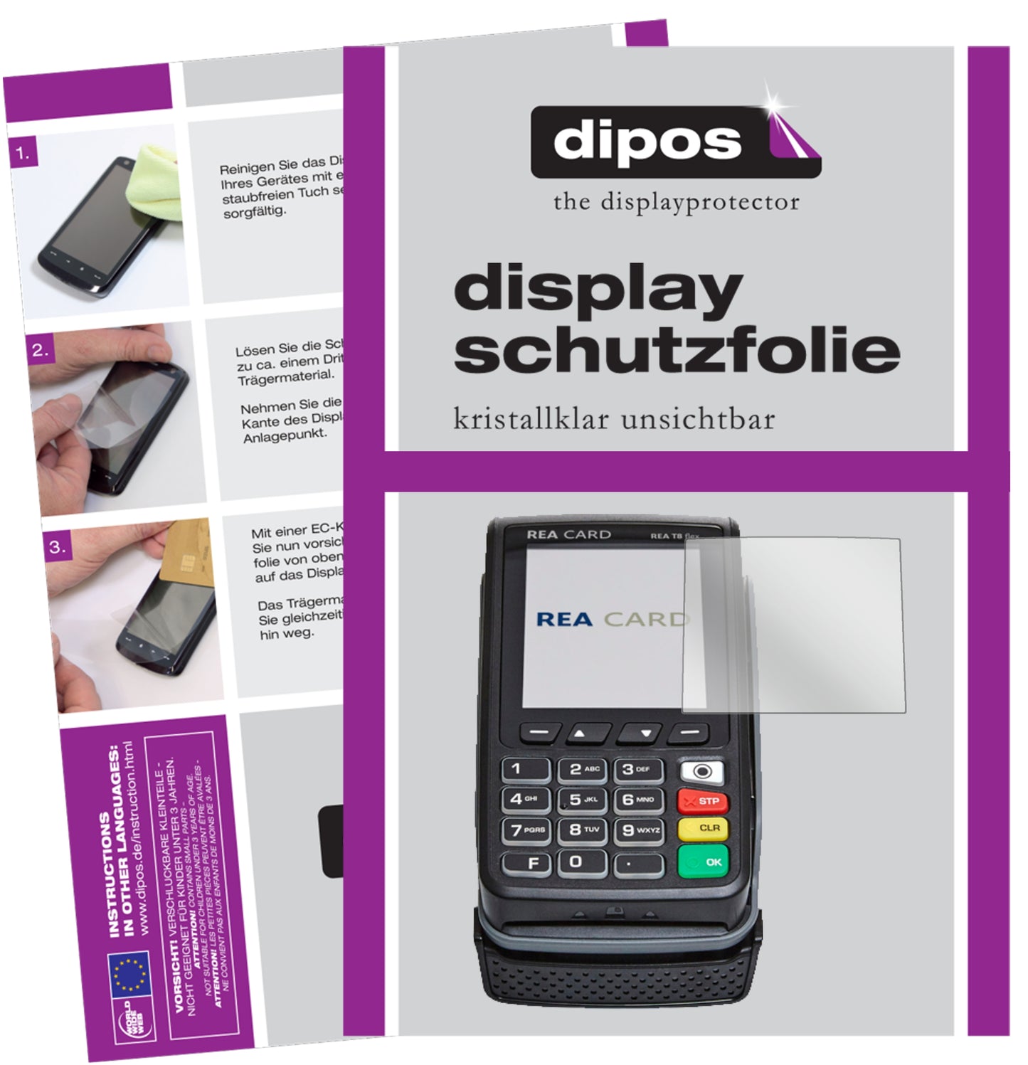 Klare Displayschutzfolie von dipos passend für REA CARD T8 flex Terminal, präziser Zuschnitt und blasenfrei montiert