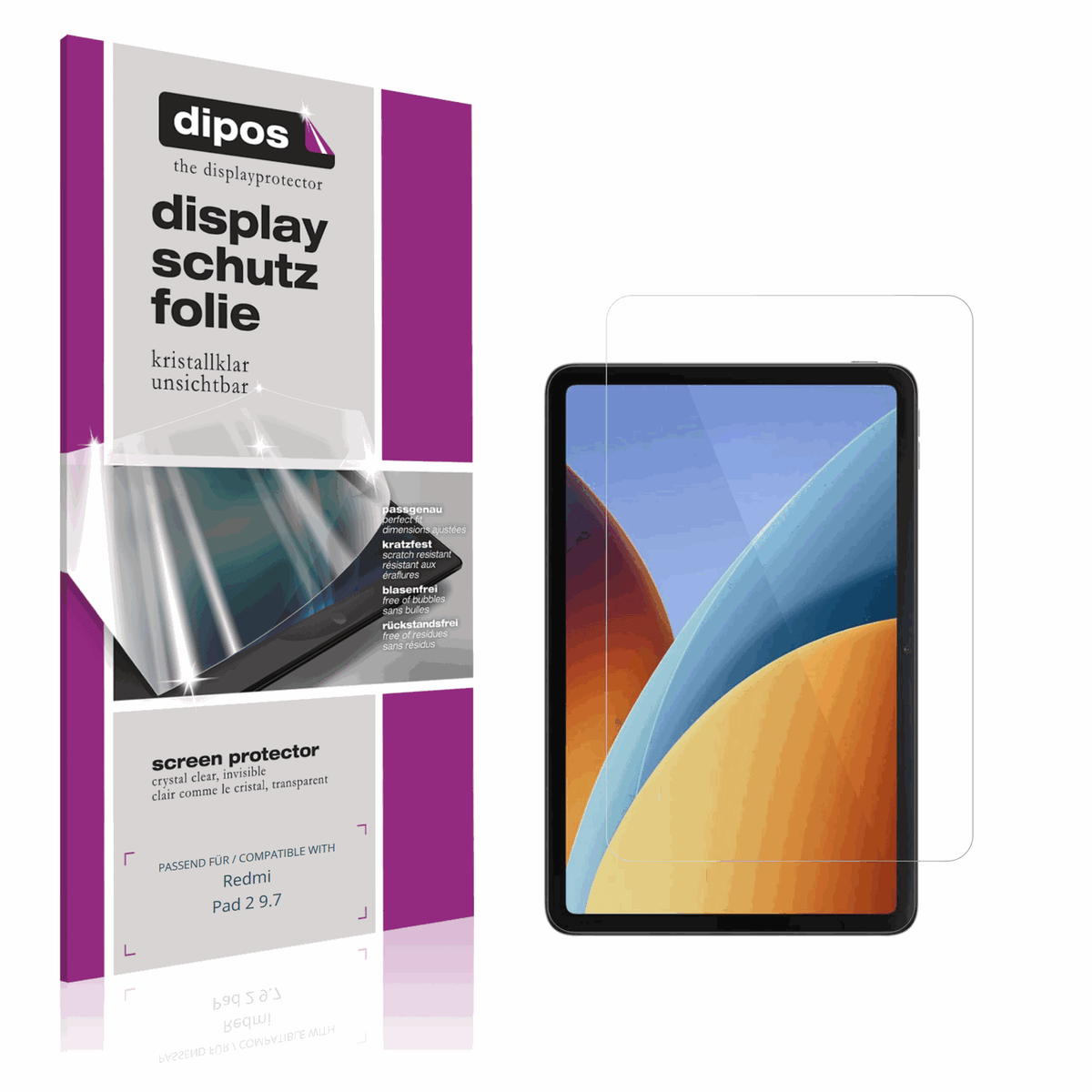 Klare Displayschutzfolie von dipos passend für Redmi Pad 2 9.7, präziser Zuschnitt und blasenfrei montiert