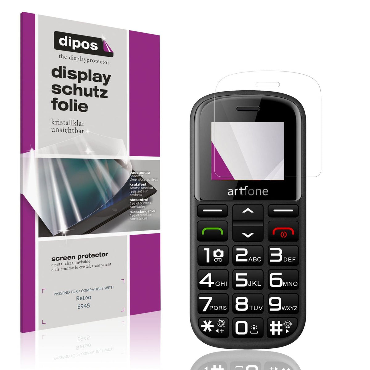 Klare Displayschutzfolie von dipos passend für Retoo E945, präziser Zuschnitt und blasenfrei montiert