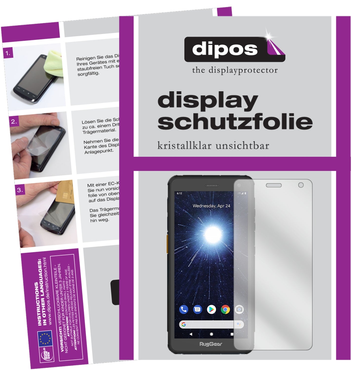 Klare Displayschutzfolie von dipos passend für RugGear RG655, präziser Zuschnitt und blasenfrei montiert