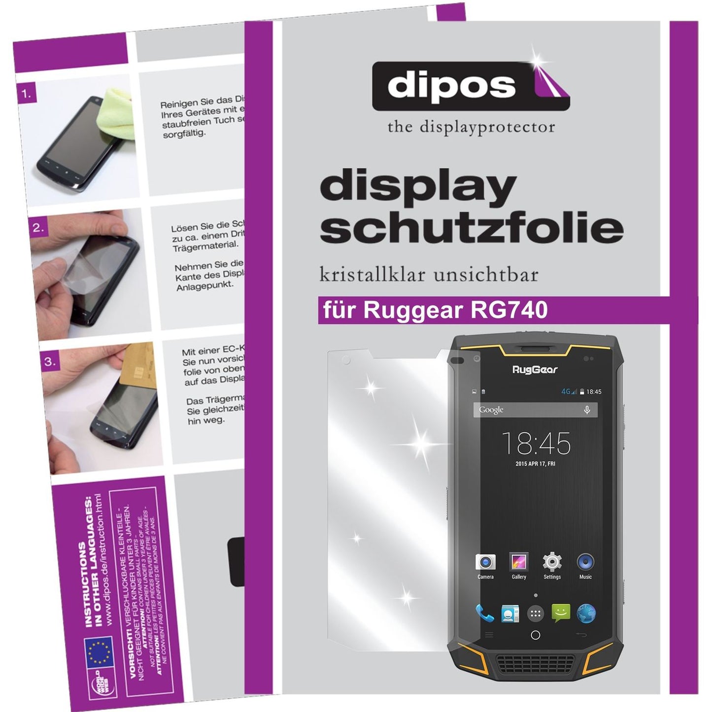 Klare Displayschutzfolie von dipos passend für Ruggear RG740, präziser Zuschnitt und blasenfrei montiert
