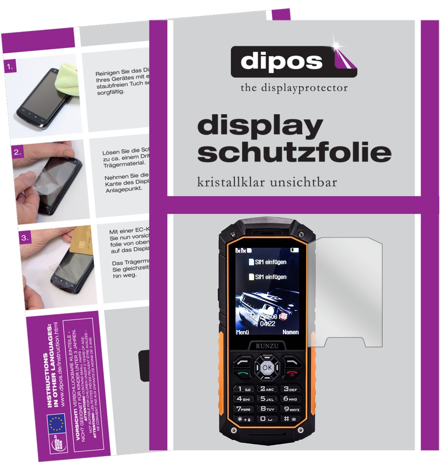 Klare Displayschutzfolie von dipos passend für Runzu M8, präziser Zuschnitt und blasenfrei montiert