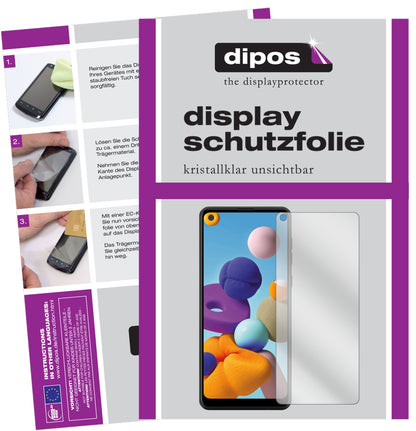 Klare Displayschutzfolie von dipos passend für Samsung Galaxy A21, präziser Zuschnitt und blasenfrei montiert