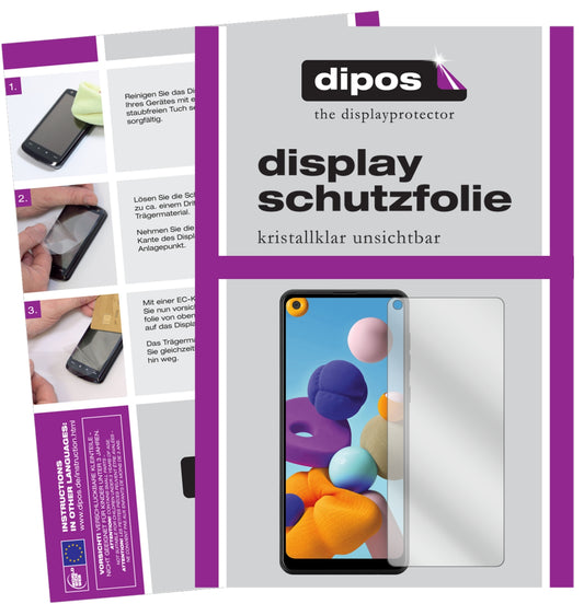 Klare Displayschutzfolie von dipos passend für Samsung Galaxy A21, präziser Zuschnitt und blasenfrei montiert
