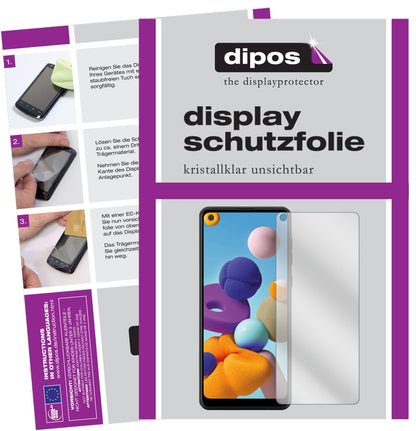 Klare Displayschutzfolie von dipos passend für Samsung Galaxy A21, präziser Zuschnitt und blasenfrei montiert
