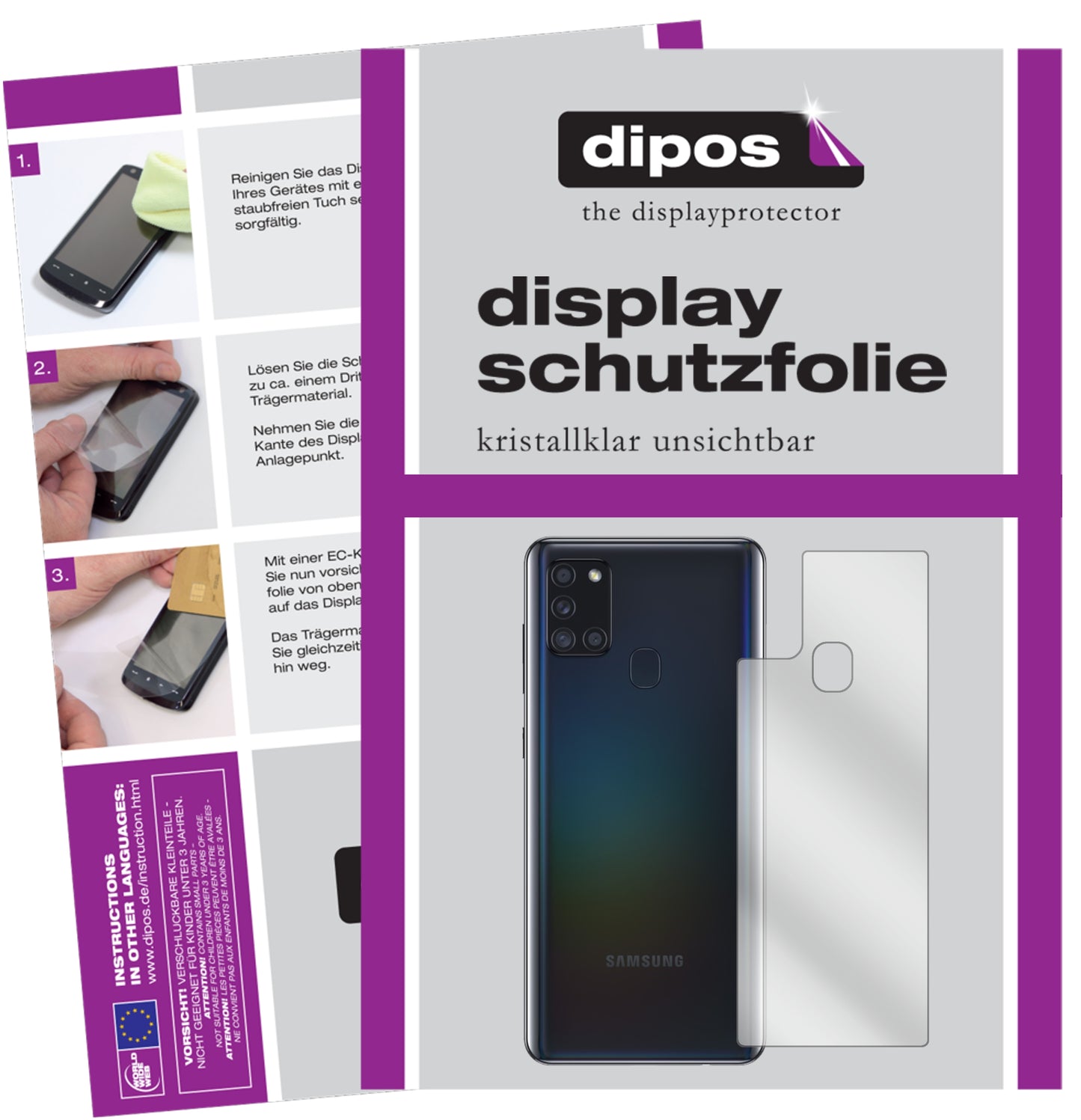 Klare Displayschutzfolie von dipos passend für Samsung Galaxy A21s Rückseite, präziser Zuschnitt und blasenfrei montiert