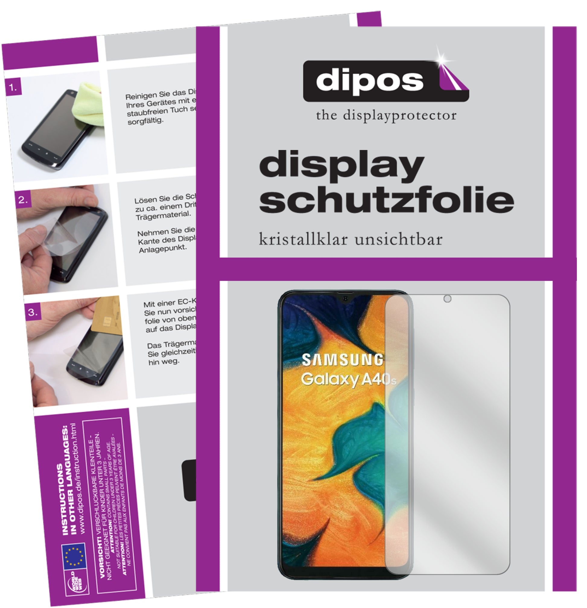Klare Displayschutzfolie von dipos passend für Samsung Galaxy A40s, präziser Zuschnitt und blasenfrei montiert