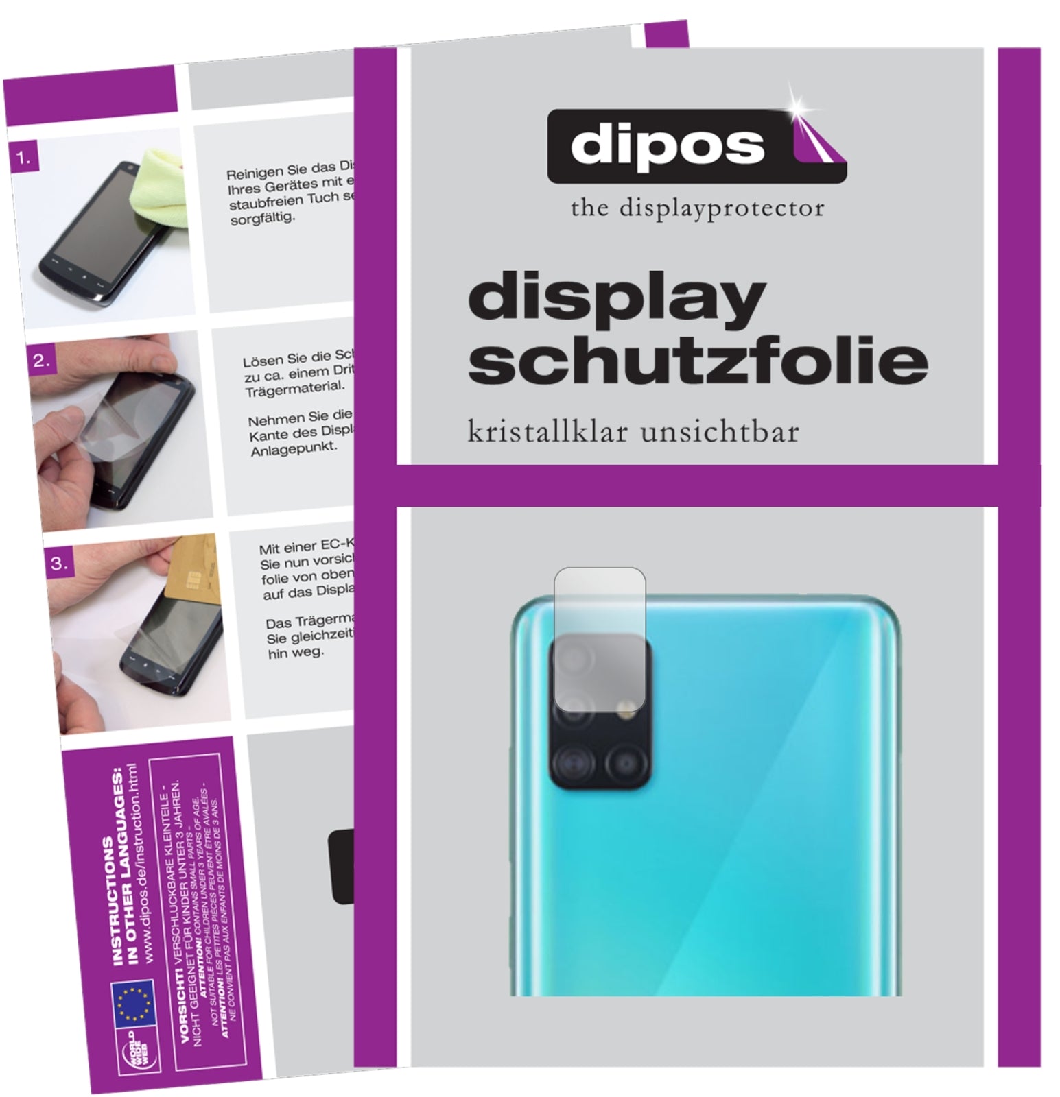 Klare Displayschutzfolie von dipos passend für Samsung Galaxy A51 5G Kameralinse, präziser Zuschnitt und blasenfrei montiert