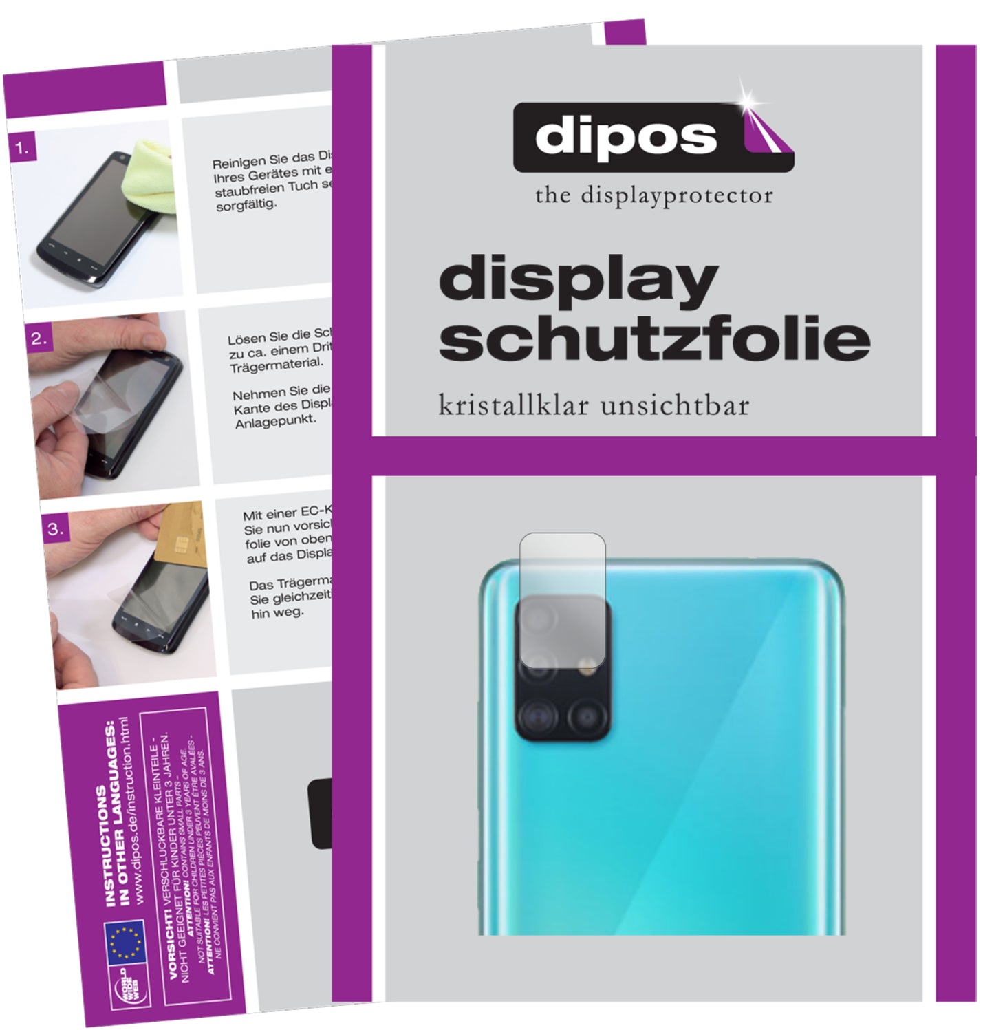 Klare Displayschutzfolie von dipos passend für Samsung Galaxy A51 Kameralinse, präziser Zuschnitt und blasenfrei montiert