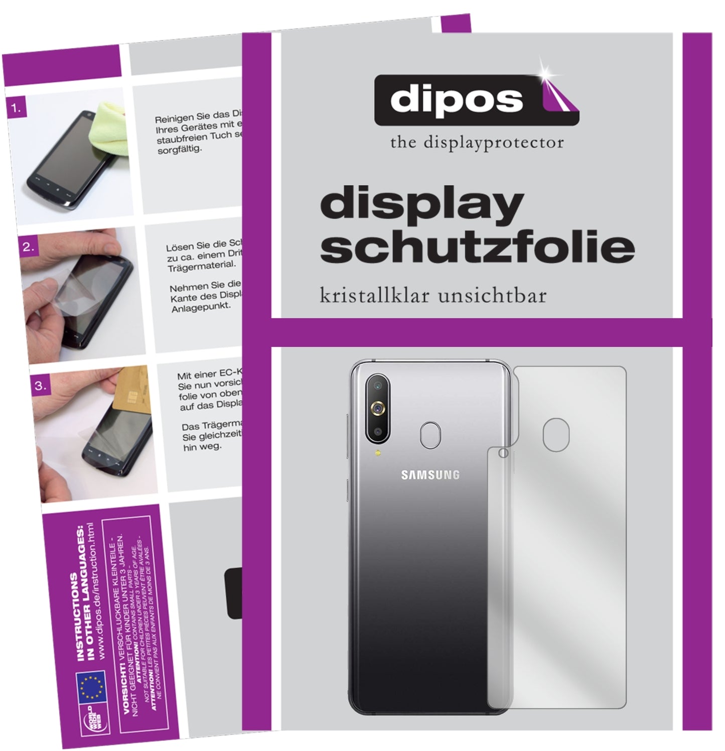 Klare Displayschutzfolie von dipos passend für Samsung Galaxy A8s Rückseite, präziser Zuschnitt und blasenfrei montiert