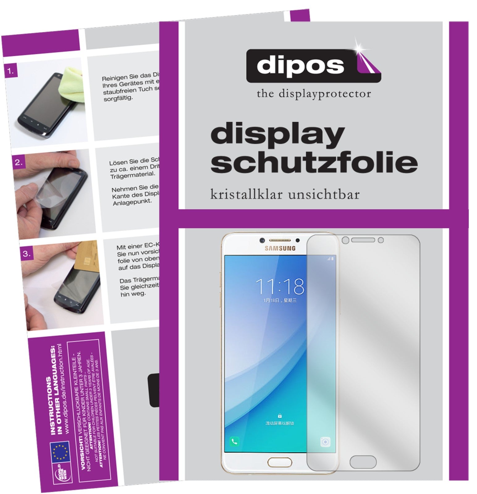 Klare Displayschutzfolie von dipos passend für Samsung Galaxy C7 Pro, präziser Zuschnitt und blasenfrei montiert