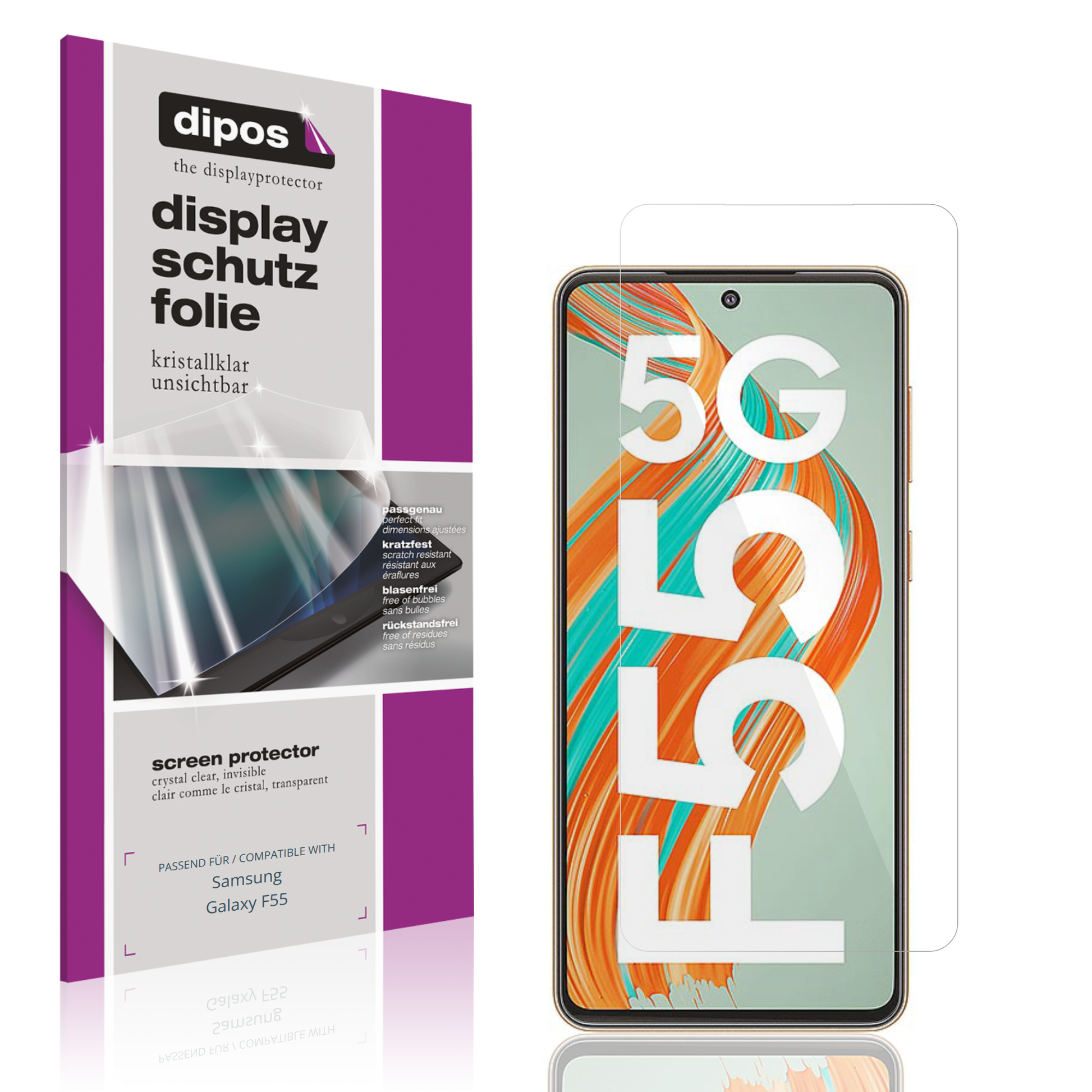Klare Displayschutzfolie von dipos passend für Samsung Galaxy F55, präziser Zuschnitt und blasenfrei montiert