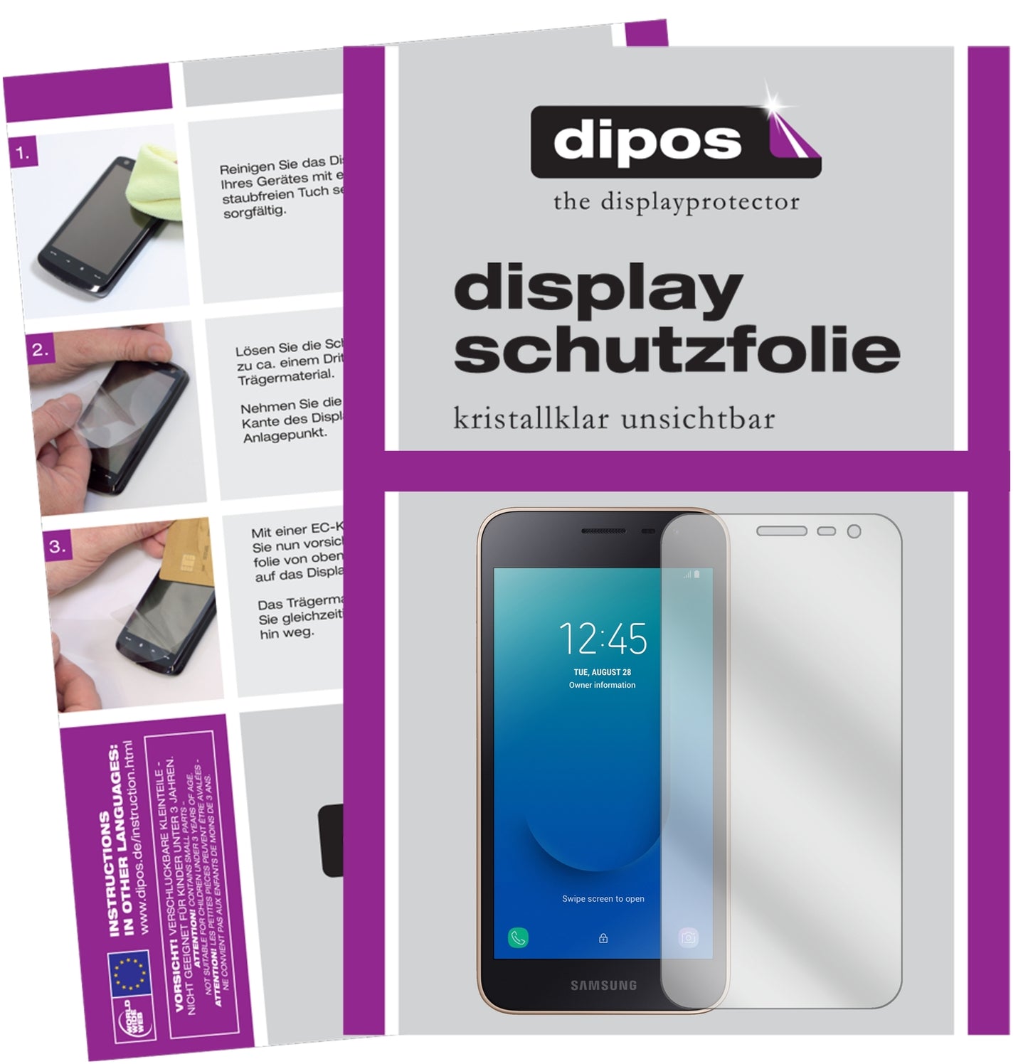Klare Displayschutzfolie von dipos passend für Samsung Galaxy J2 Core (2018), präziser Zuschnitt und blasenfrei montiert