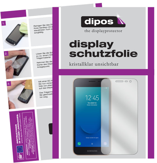 Klare Displayschutzfolie von dipos passend für Samsung Galaxy J2 Core (2018), präziser Zuschnitt und blasenfrei montiert