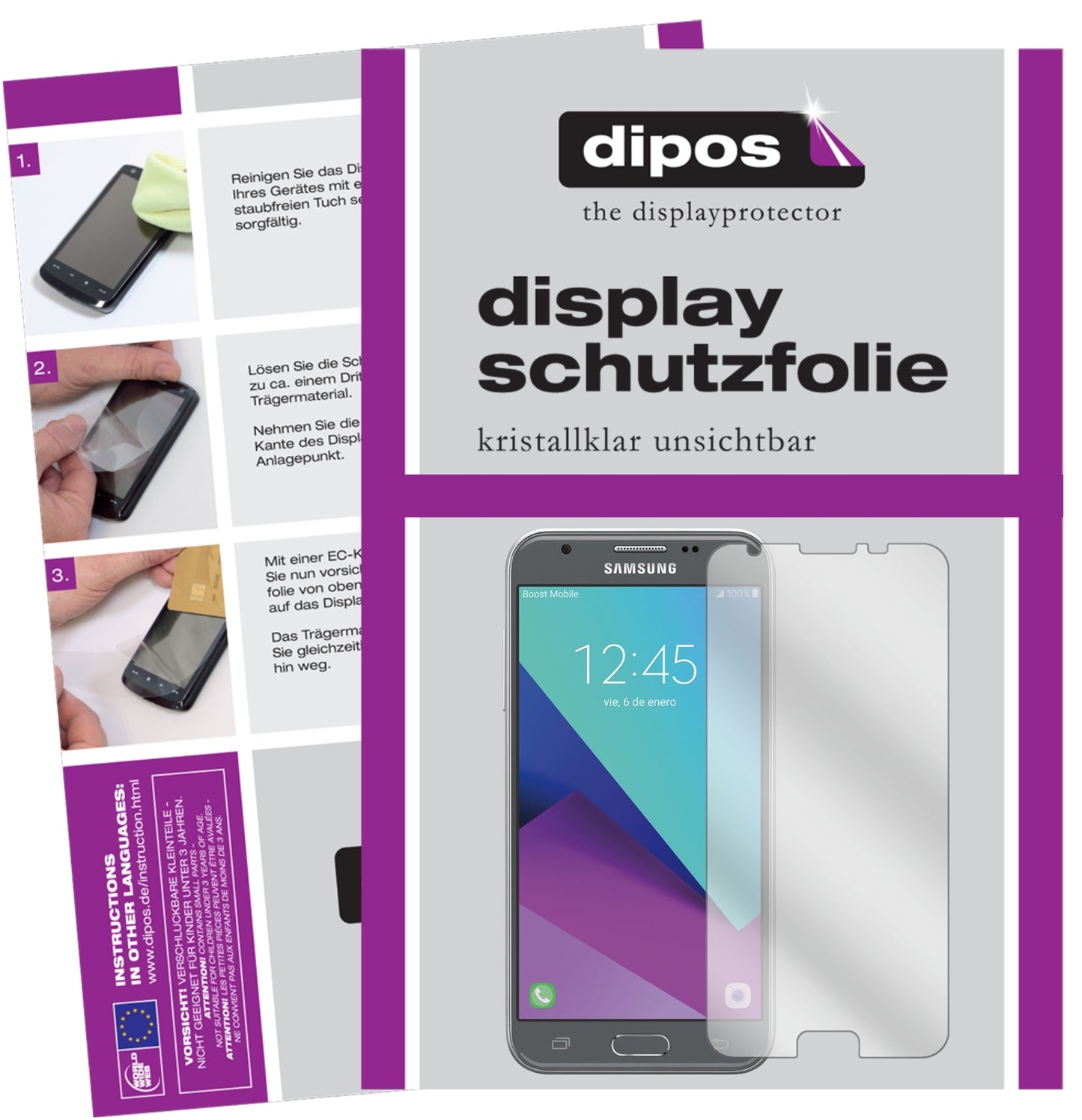 Klare Displayschutzfolie von dipos passend für Samsung Galaxy J3 2017, präziser Zuschnitt und blasenfrei montiert