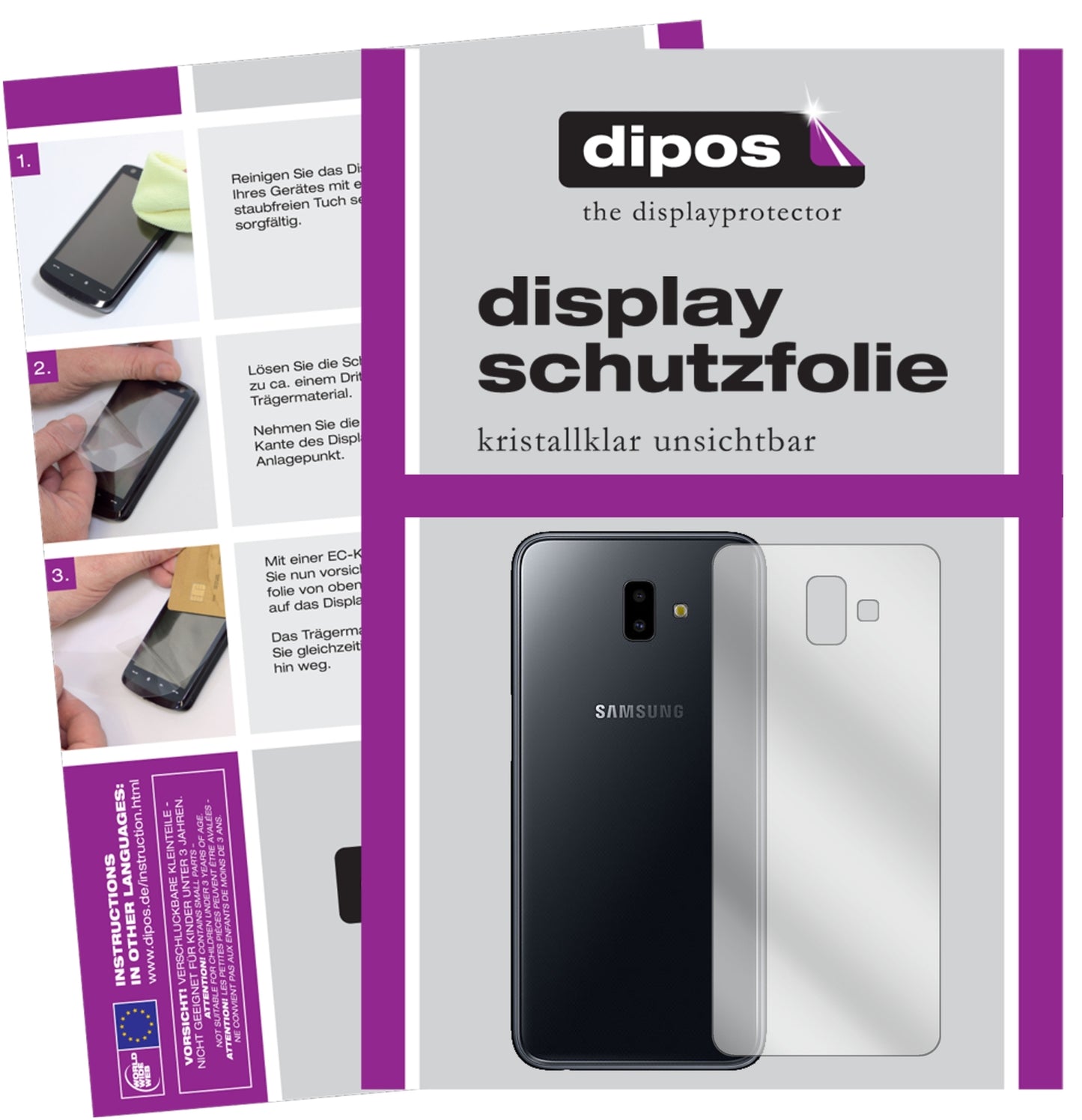 Klare Displayschutzfolie von dipos passend für Samsung Galaxy J6 Plus (2018) Rückseite, präziser Zuschnitt und blasenfrei montiert