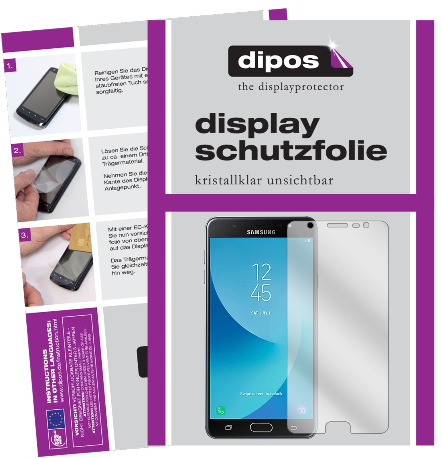 Klare Displayschutzfolie von dipos passend für Samsung Galaxy J7 Max, präziser Zuschnitt und blasenfrei montiert