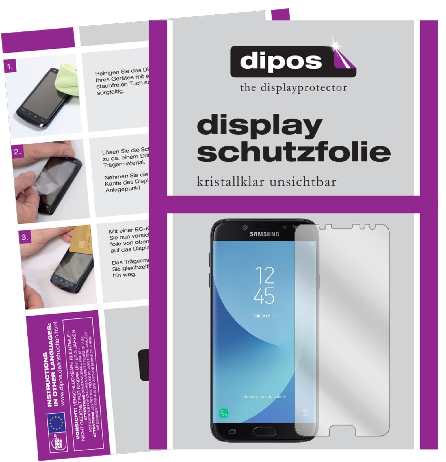Klare Displayschutzfolie von dipos passend für Samsung Galaxy J7 Pro, präziser Zuschnitt und blasenfrei montiert