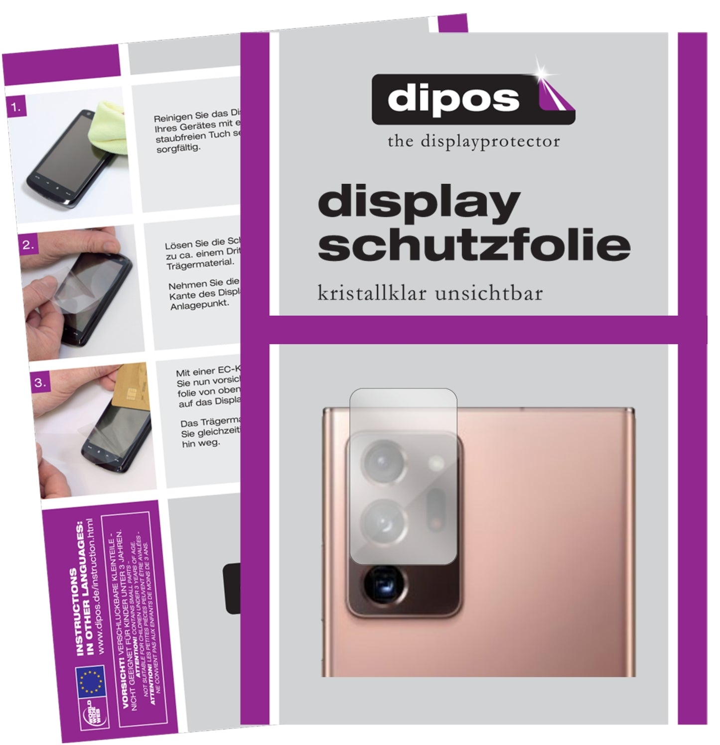 Klare Displayschutzfolie von dipos passend für Samsung Galaxy Note 20 Ultra Kameralinse, präziser Zuschnitt und blasenfrei montiert