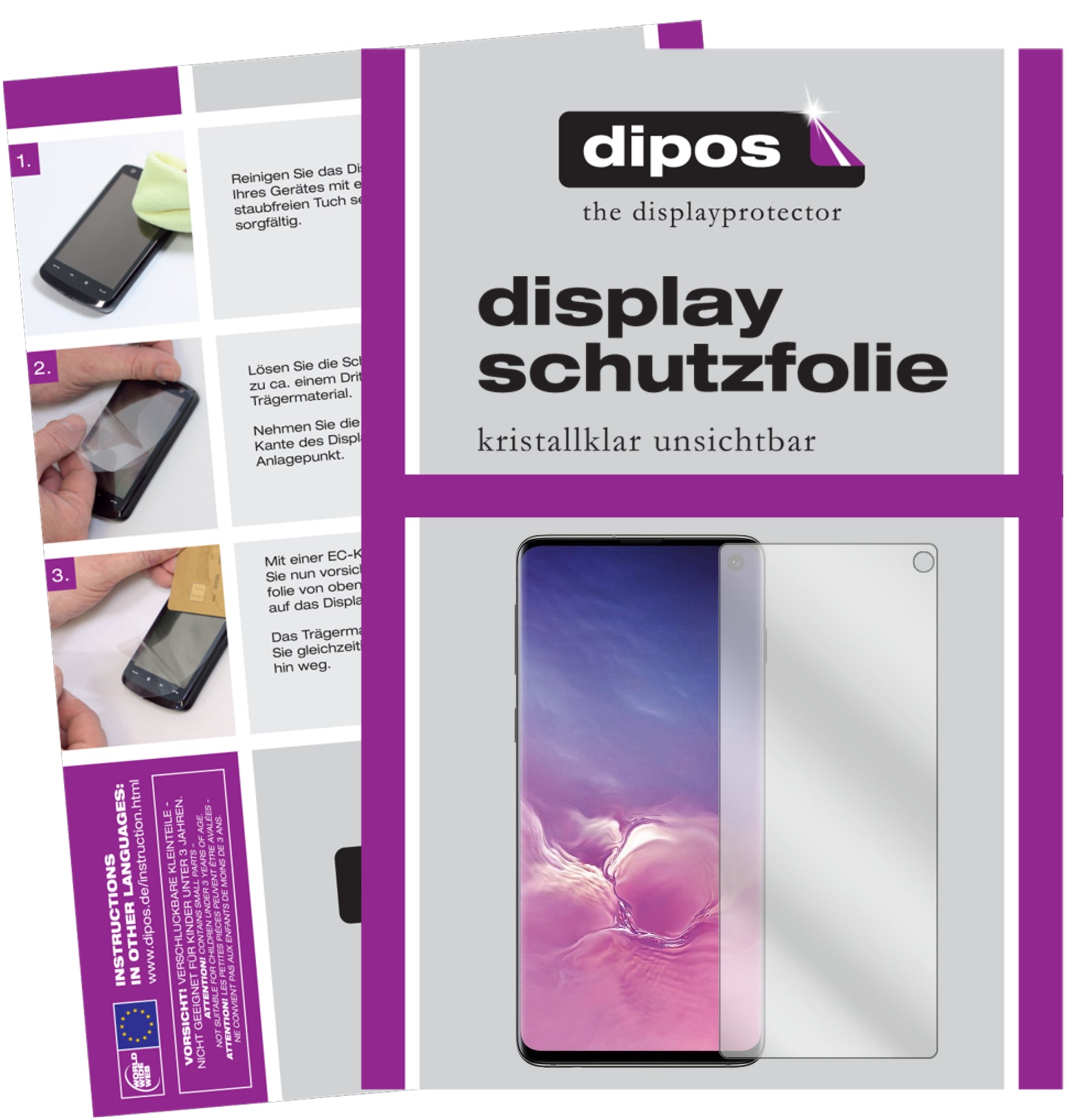 Klare Displayschutzfolie von dipos passend für Samsung Galaxy S10, präziser Zuschnitt und blasenfrei montiert