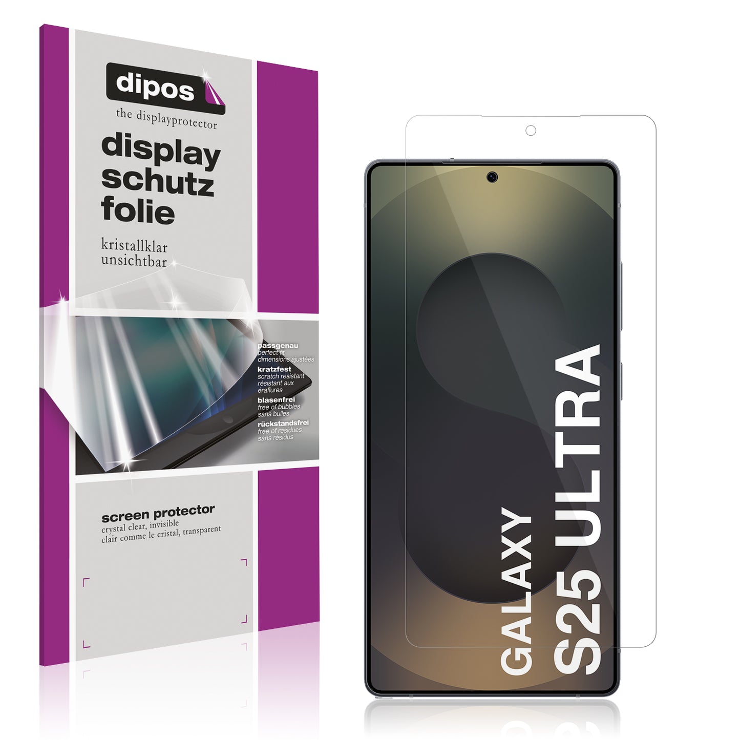 Klare Displayschutzfolie von dipos passend für Samsung Galaxy S25 Ultra, präziser Zuschnitt und blasenfrei montiert