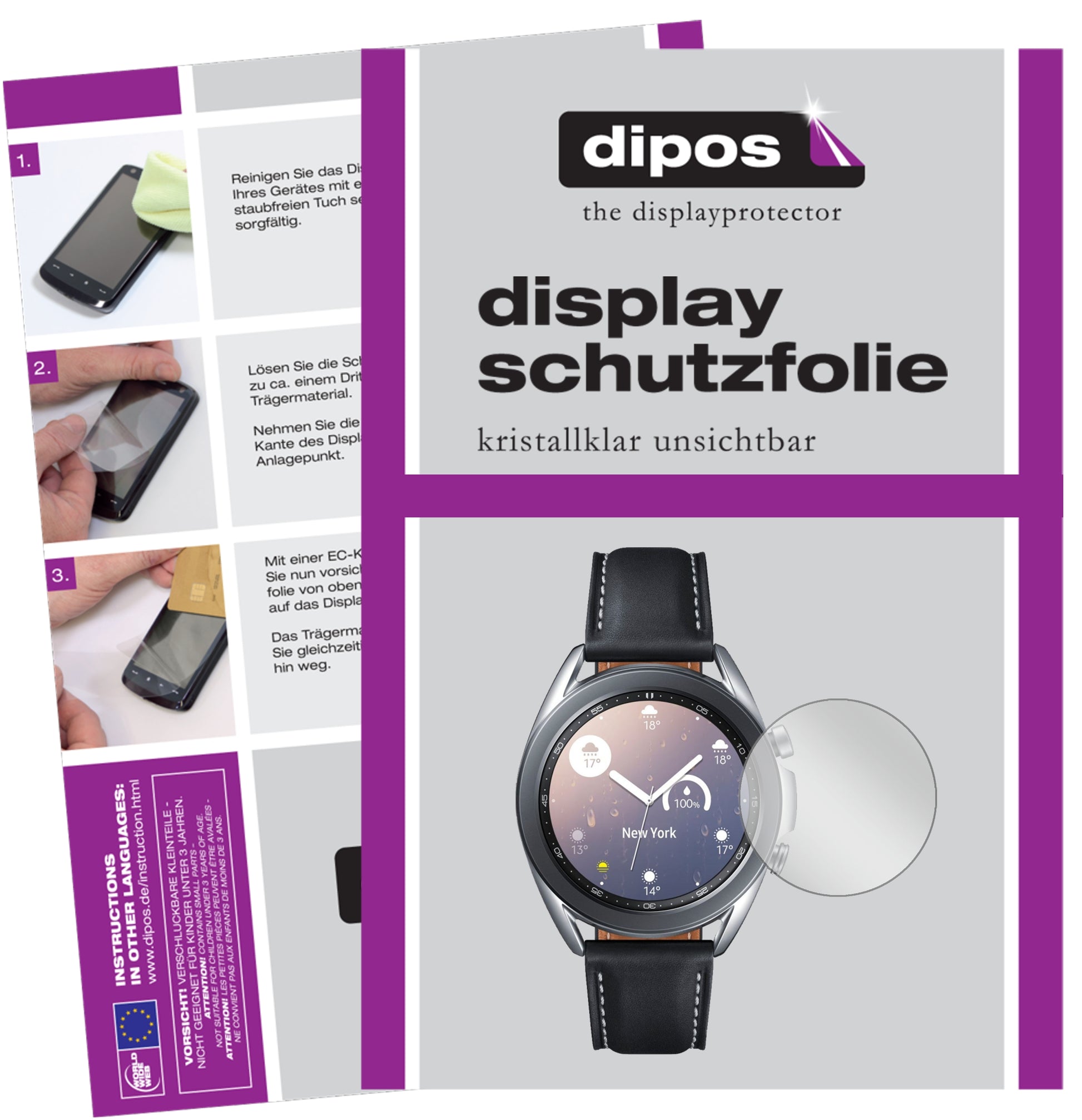 Klare Displayschutzfolie von dipos passend für Samsung Galaxy Watch 3 (41mm), präziser Zuschnitt und blasenfrei montiert