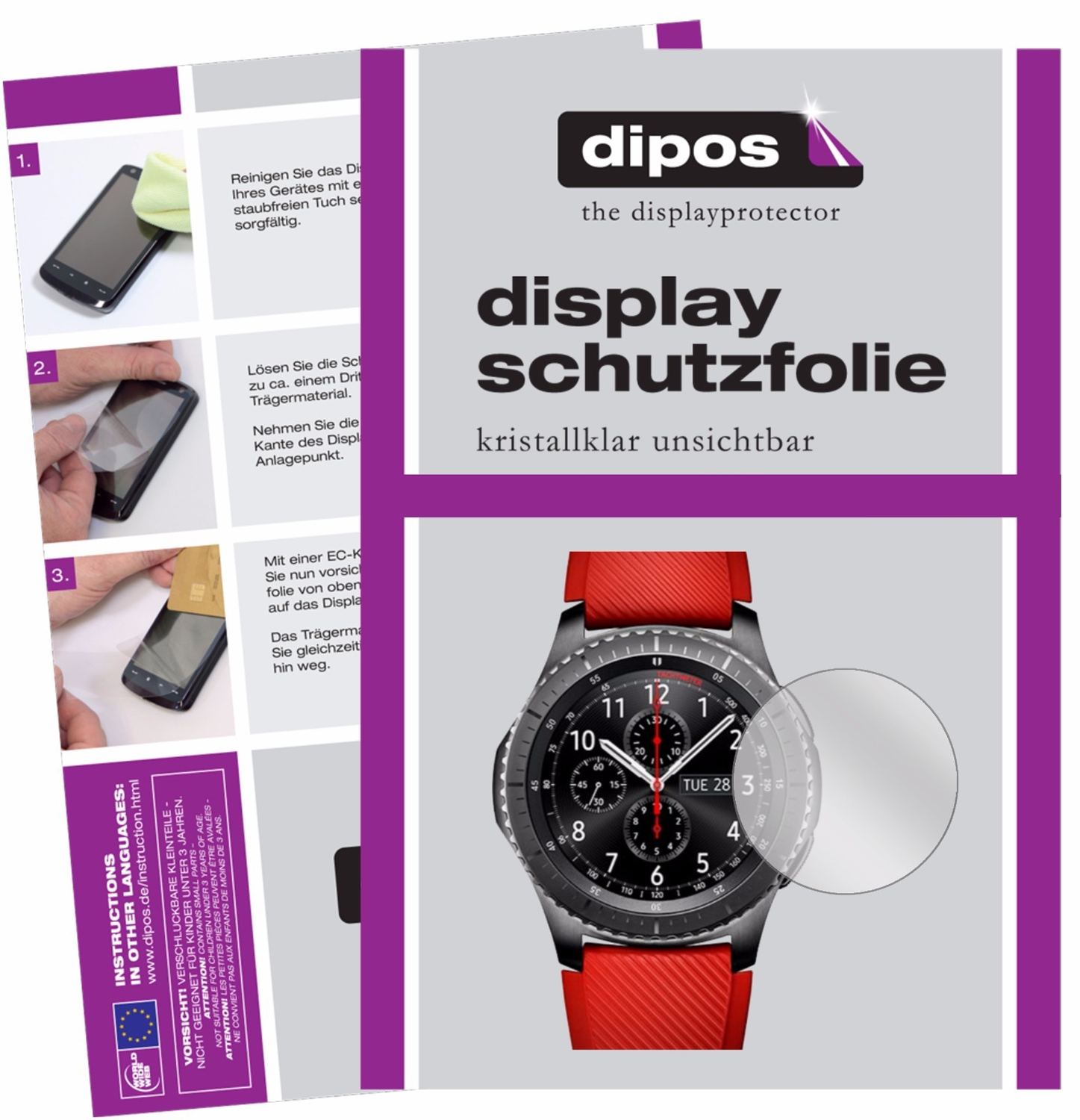 Klare Displayschutzfolie von dipos passend für Samsung Gear S3, präziser Zuschnitt und blasenfrei montiert