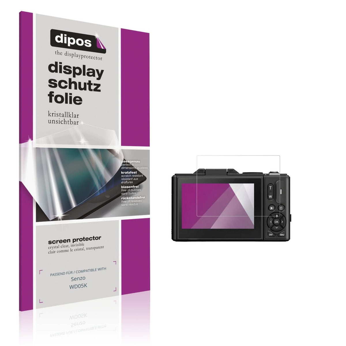 Klare Displayschutzfolie von dipos passend für Senzo WD05K, präziser Zuschnitt und blasenfrei montiert