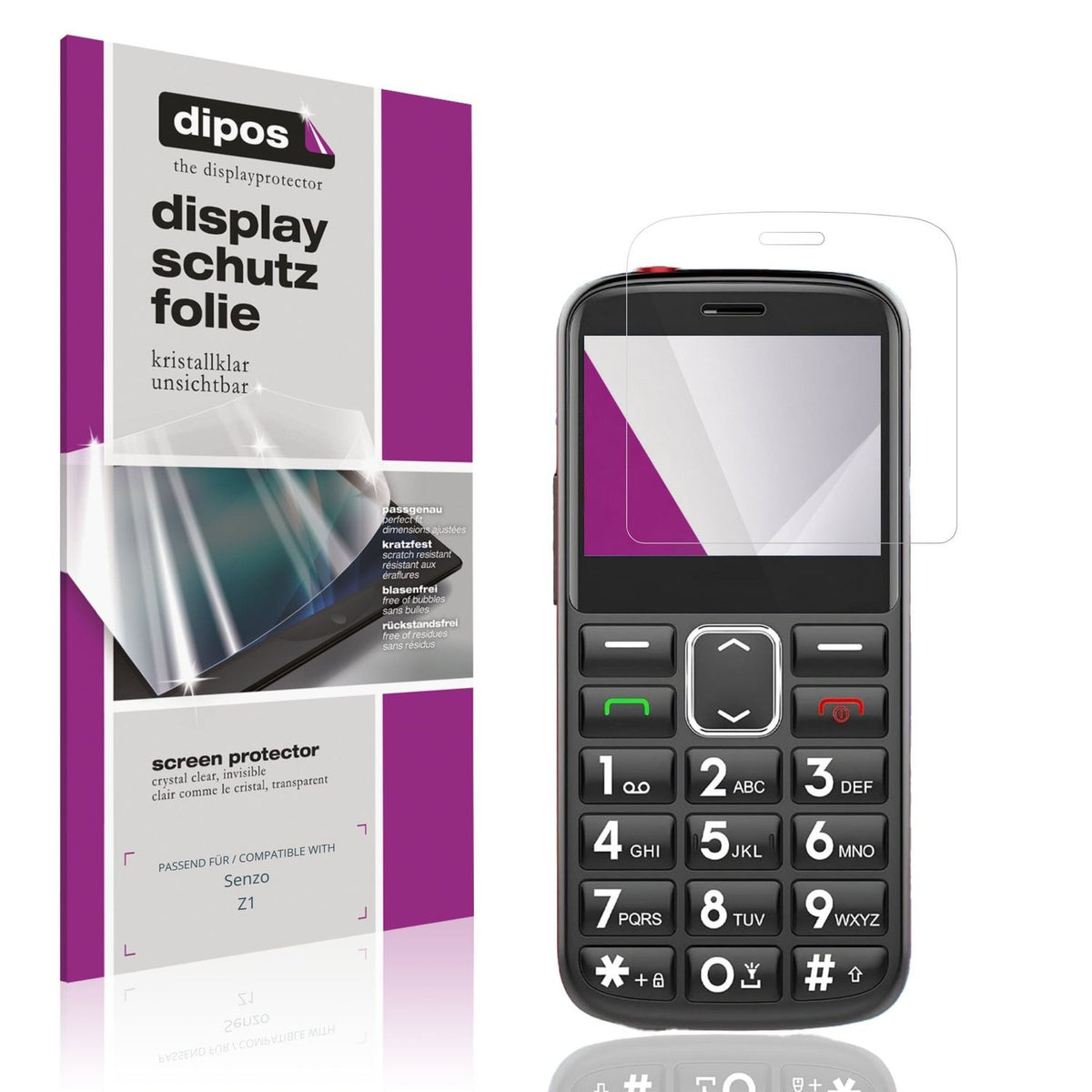 Klare Displayschutzfolie von dipos passend für Senzo Z1, präziser Zuschnitt und blasenfrei montiert