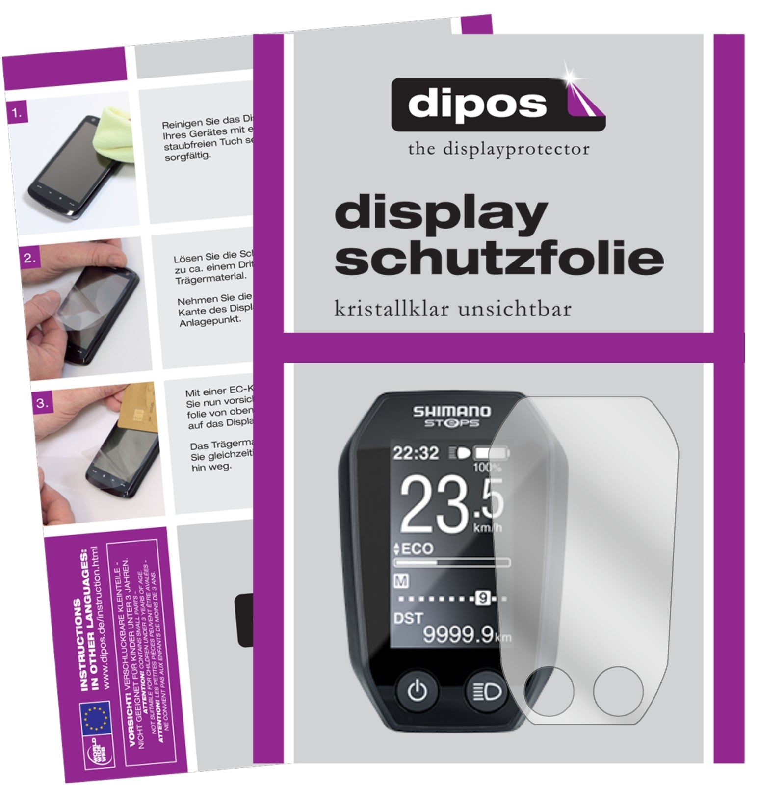 Klare Displayschutzfolie von dipos passend für Shimano Steps LCD SC-E6010, präziser Zuschnitt und blasenfrei montiert