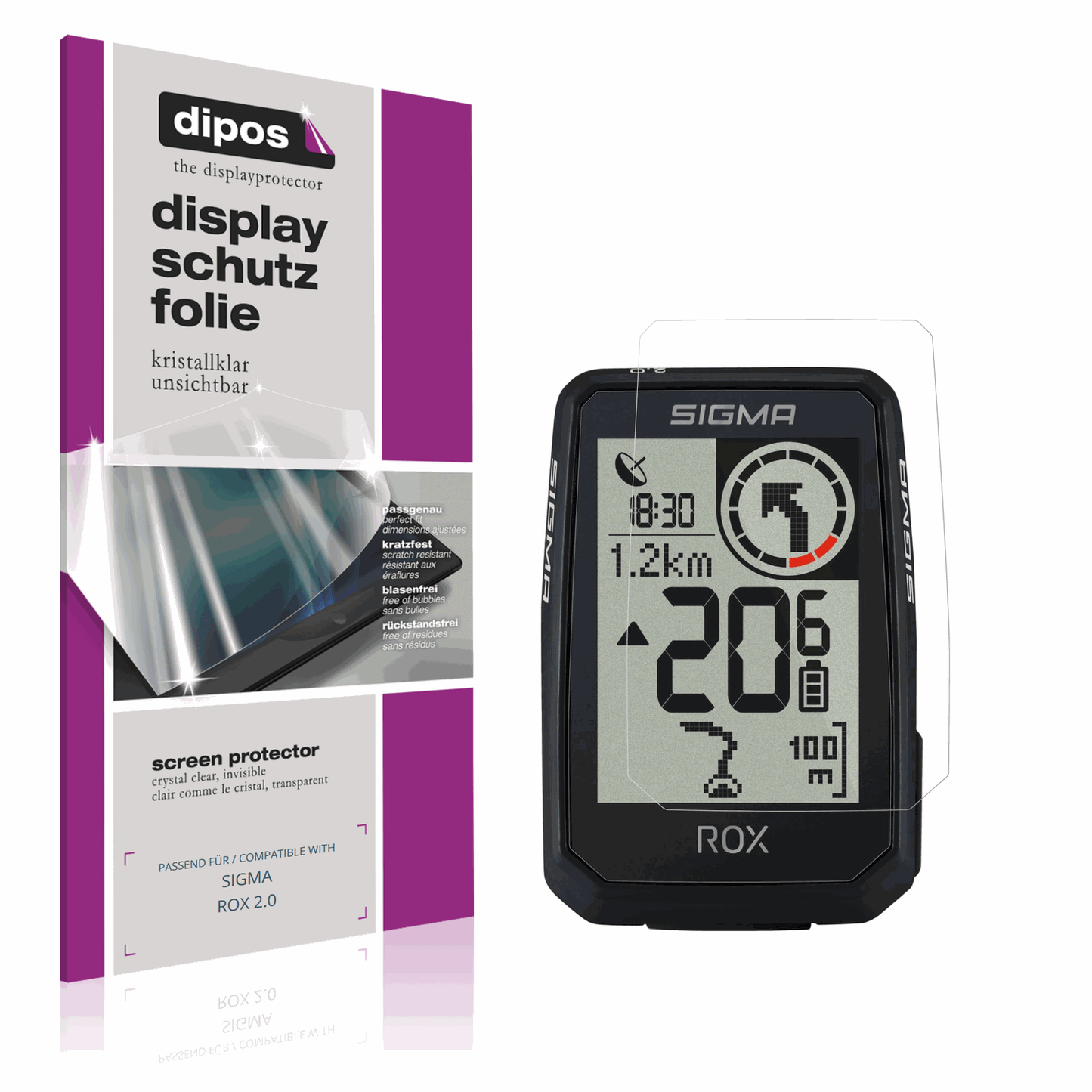 Klare Displayschutzfolie von dipos passend für SIGMA ROX 2.0, präziser Zuschnitt und blasenfrei montiert
