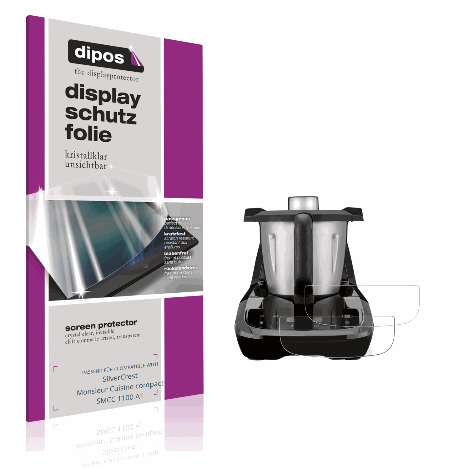 Klare Displayschutzfolie von dipos passend für SilverCrest Monsieur Cuisine compact SMCC 1100 A1, präziser Zuschnitt und blasenfrei montiert