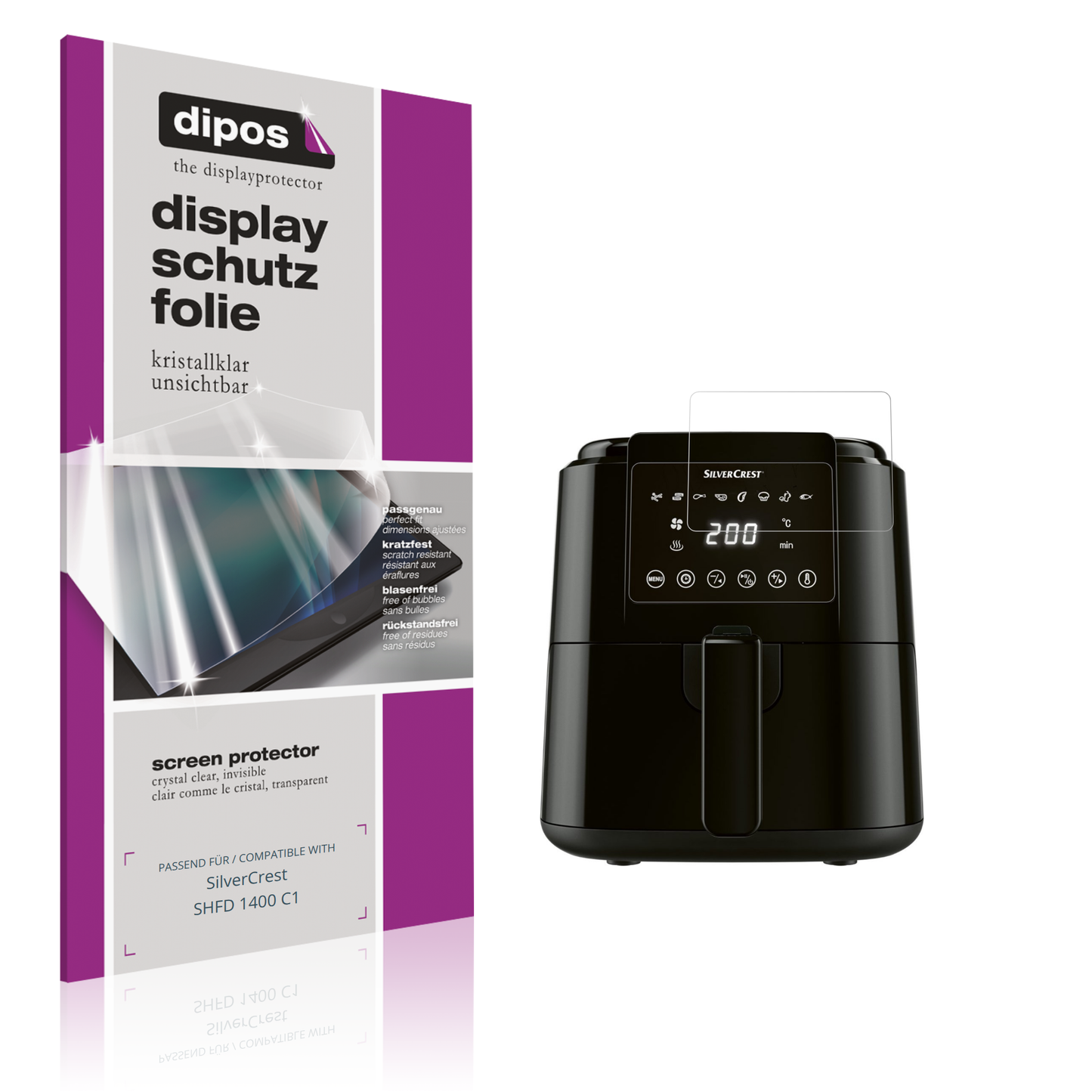 Klare Displayschutzfolie von dipos passend für SilverCrest SHFD 1400 C1, präziser Zuschnitt und blasenfrei montiert
