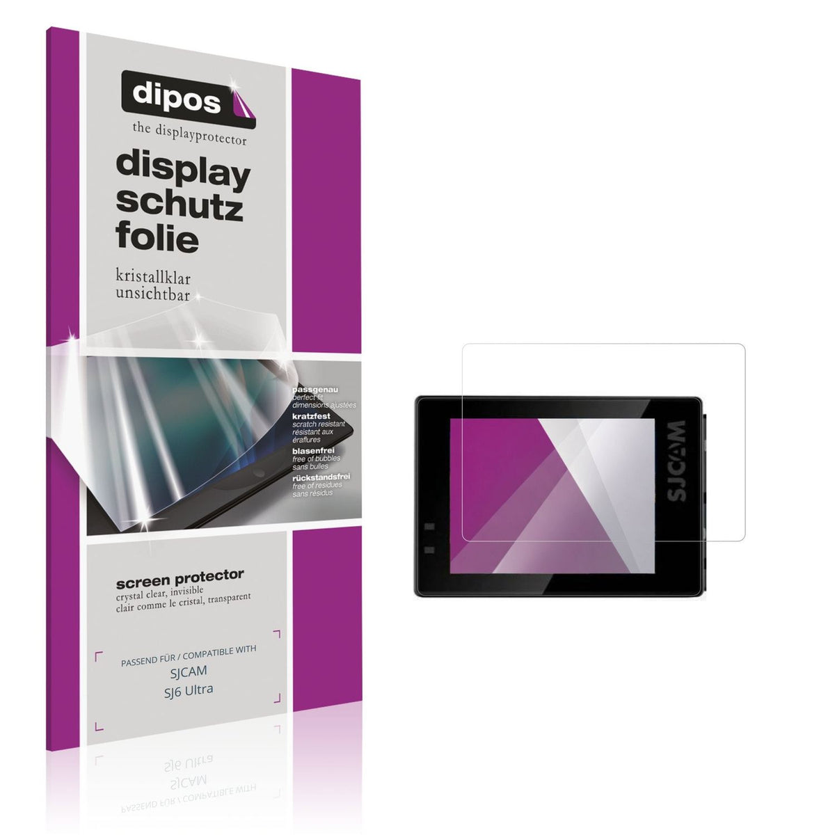 Klare Displayschutzfolie von dipos passend für SJCAM SJ6 Ultra, präziser Zuschnitt und blasenfrei montiert