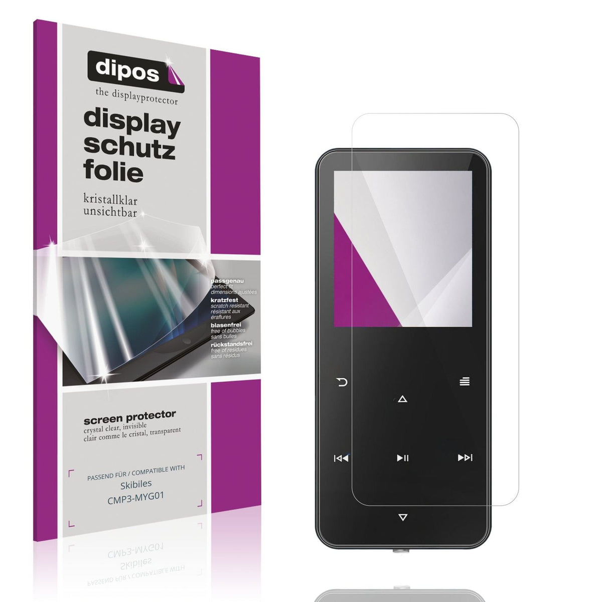 Klare Displayschutzfolie von dipos passend für Skibiles CMP3-MYG01, präziser Zuschnitt und blasenfrei montiert