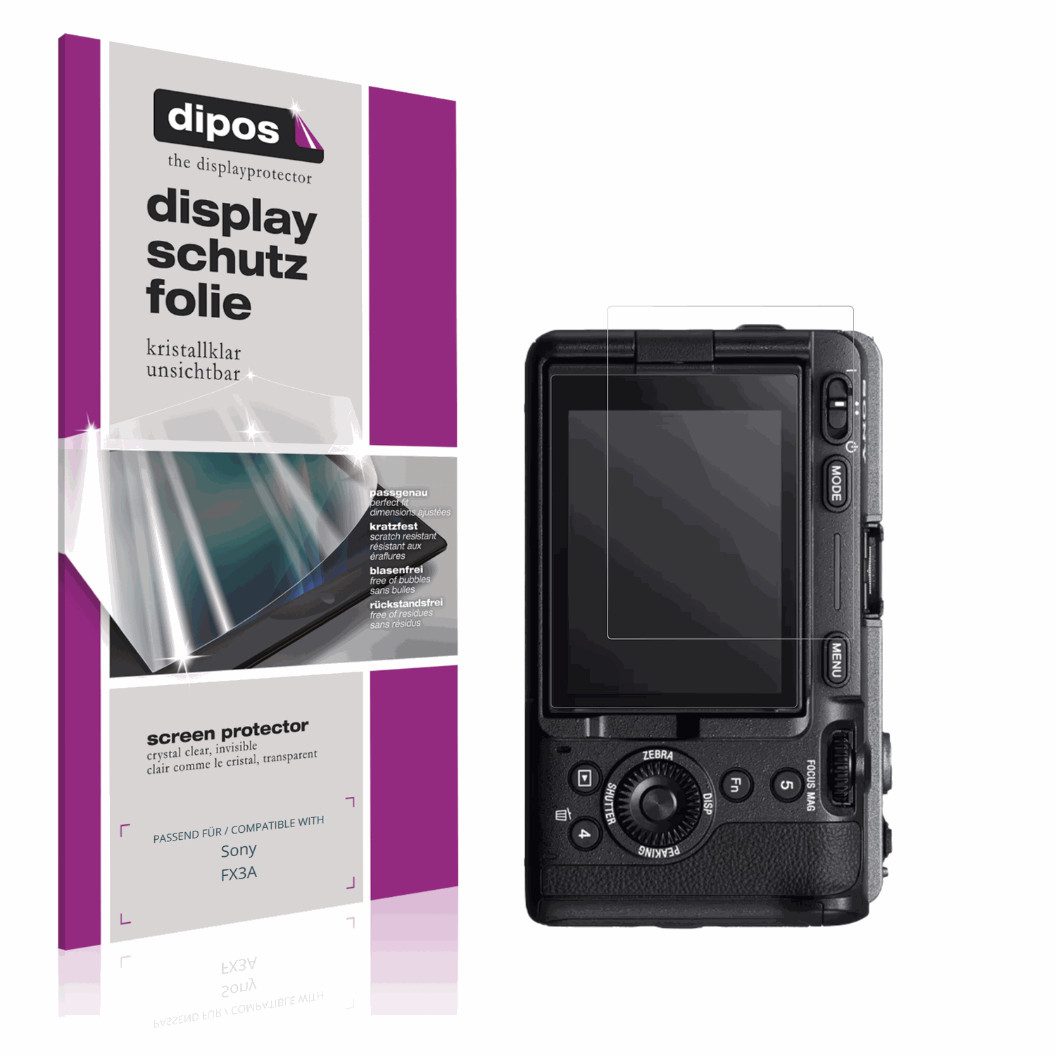 Klare Displayschutzfolie von dipos passend für Sony FX3A, präziser Zuschnitt und blasenfrei montiert