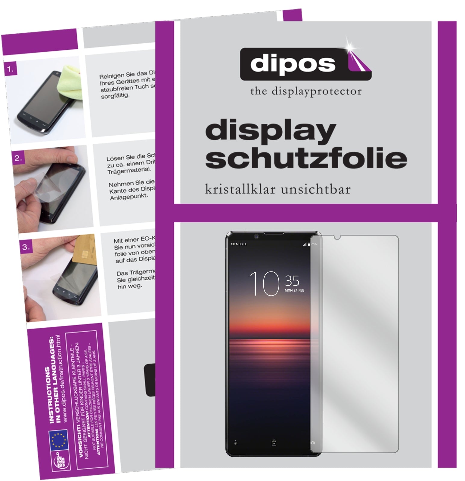 Klare Displayschutzfolie von dipos passend für Sony Xperia 1 II, präziser Zuschnitt und blasenfrei montiert