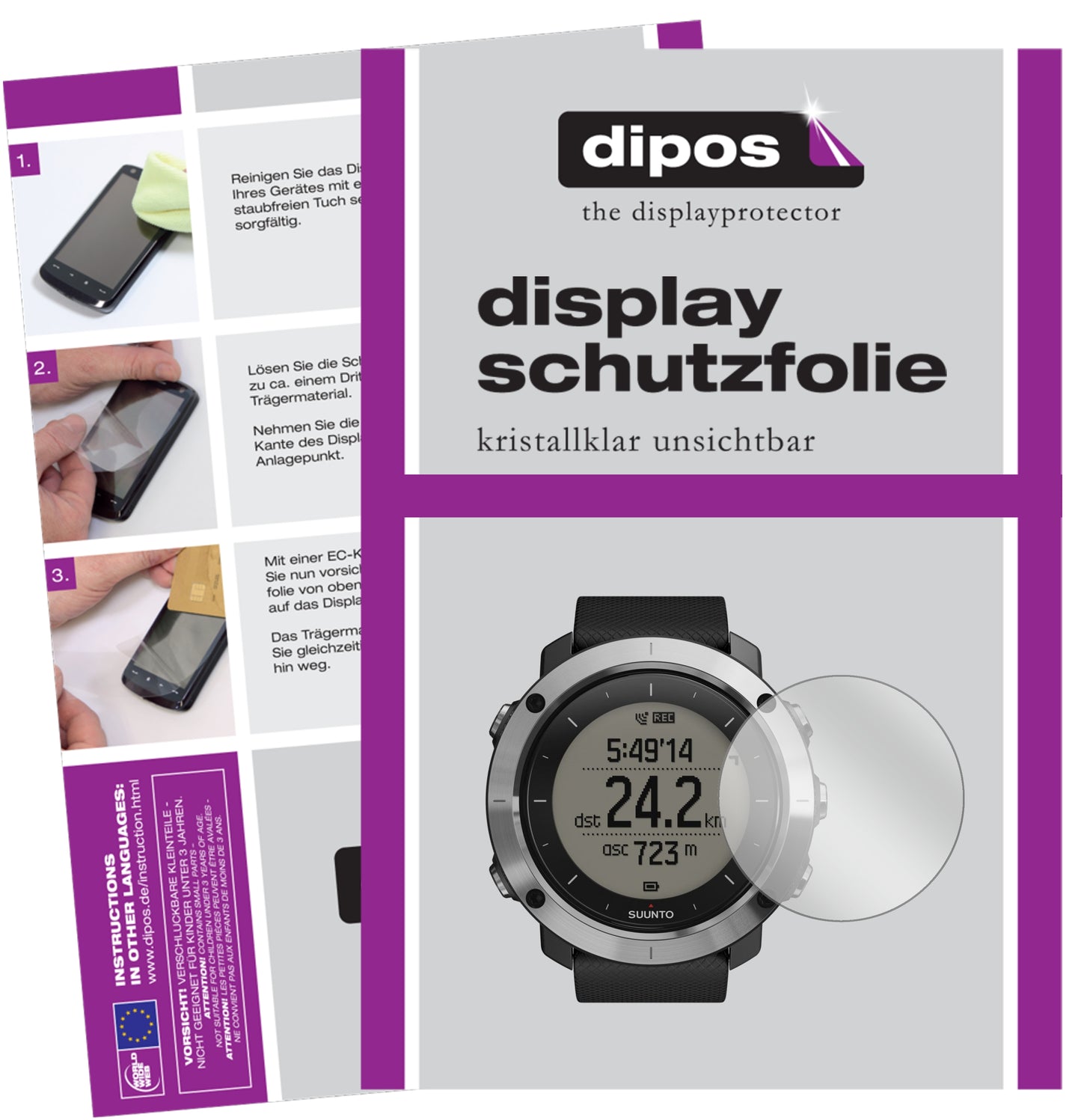 Klare Displayschutzfolie von dipos passend für Suunto Traverse, präziser Zuschnitt und blasenfrei montiert