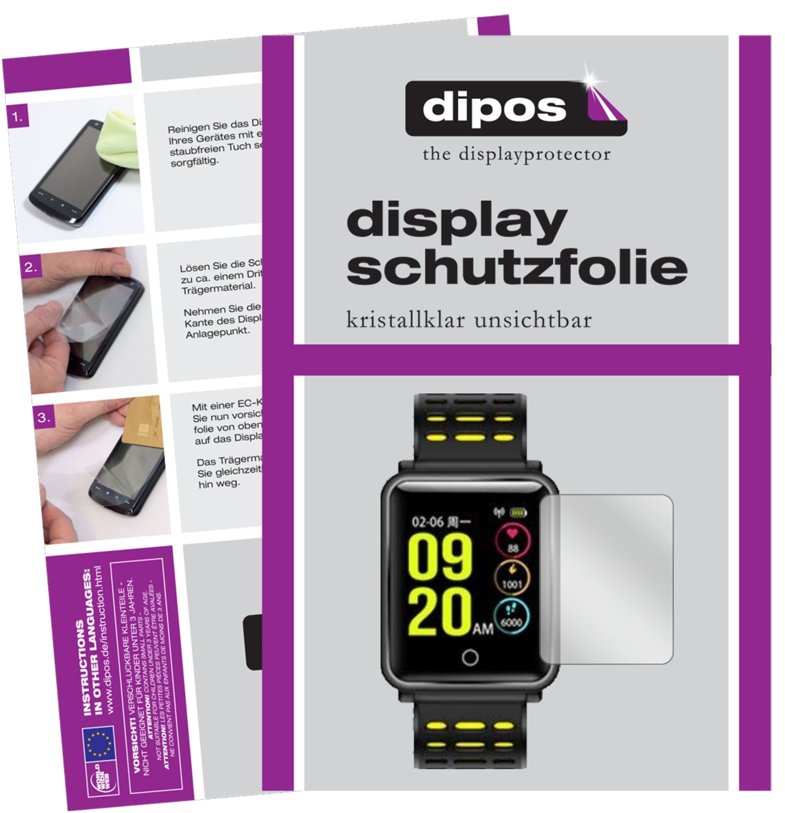 Klare Displayschutzfolie von dipos passend für TagoBee TB06 Smartwatch, präziser Zuschnitt und blasenfrei montiert