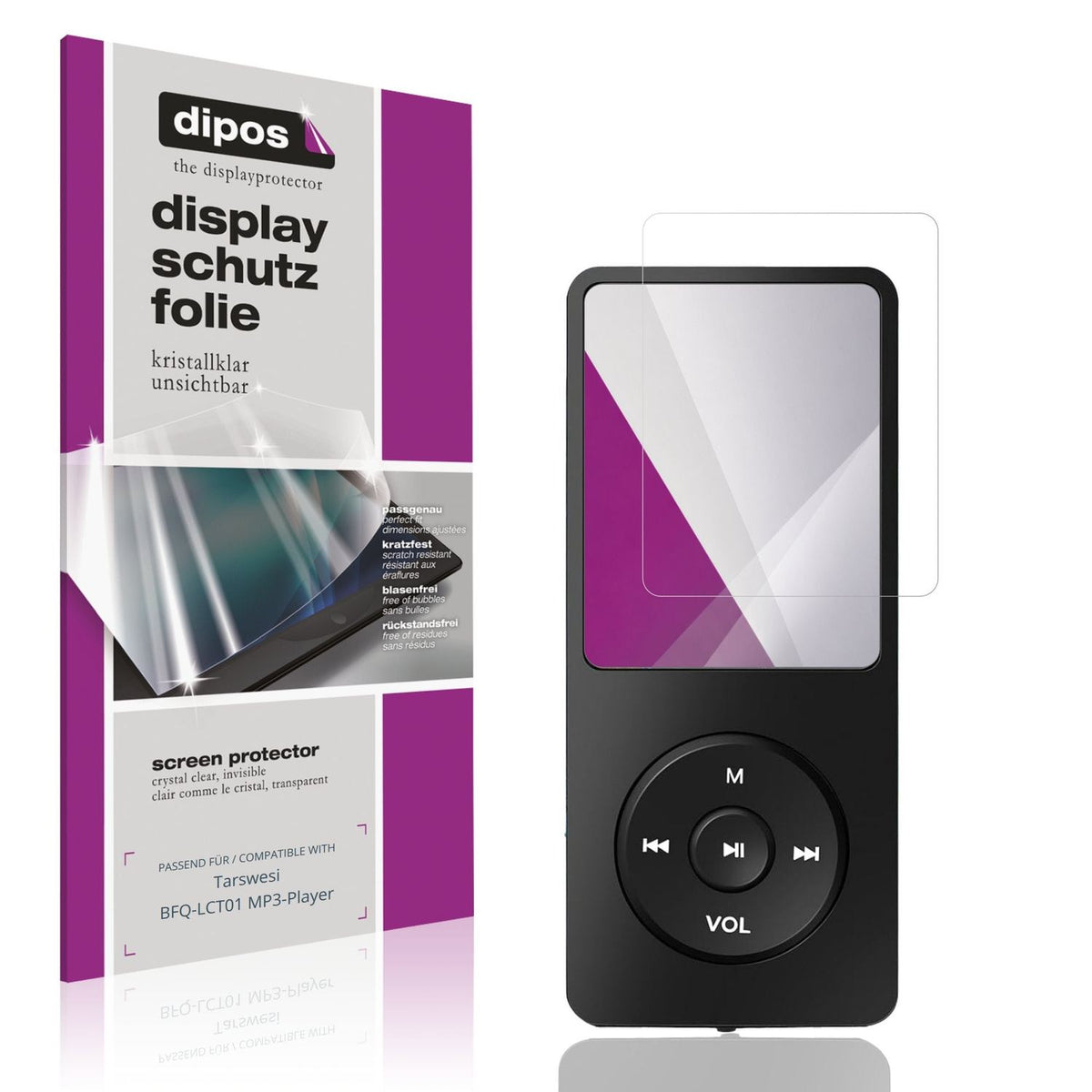 Klare Displayschutzfolie von dipos passend für Tarswesi BFQ-LCT01 MP3-Player, präziser Zuschnitt und blasenfrei montiert