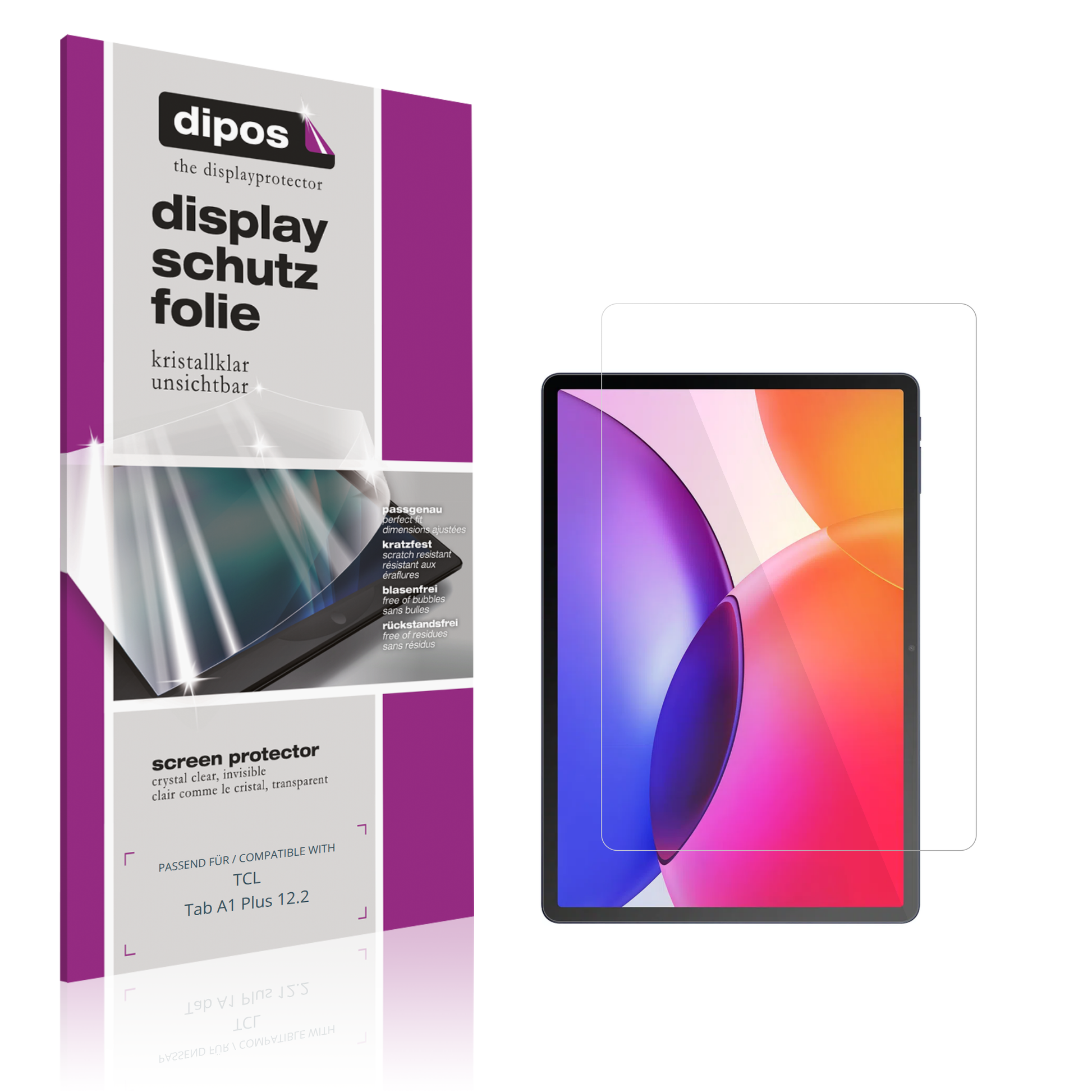 Klare Displayschutzfolie von dipos passend für TCL Tab A1 Plus 12.2, präziser Zuschnitt und blasenfrei montiert