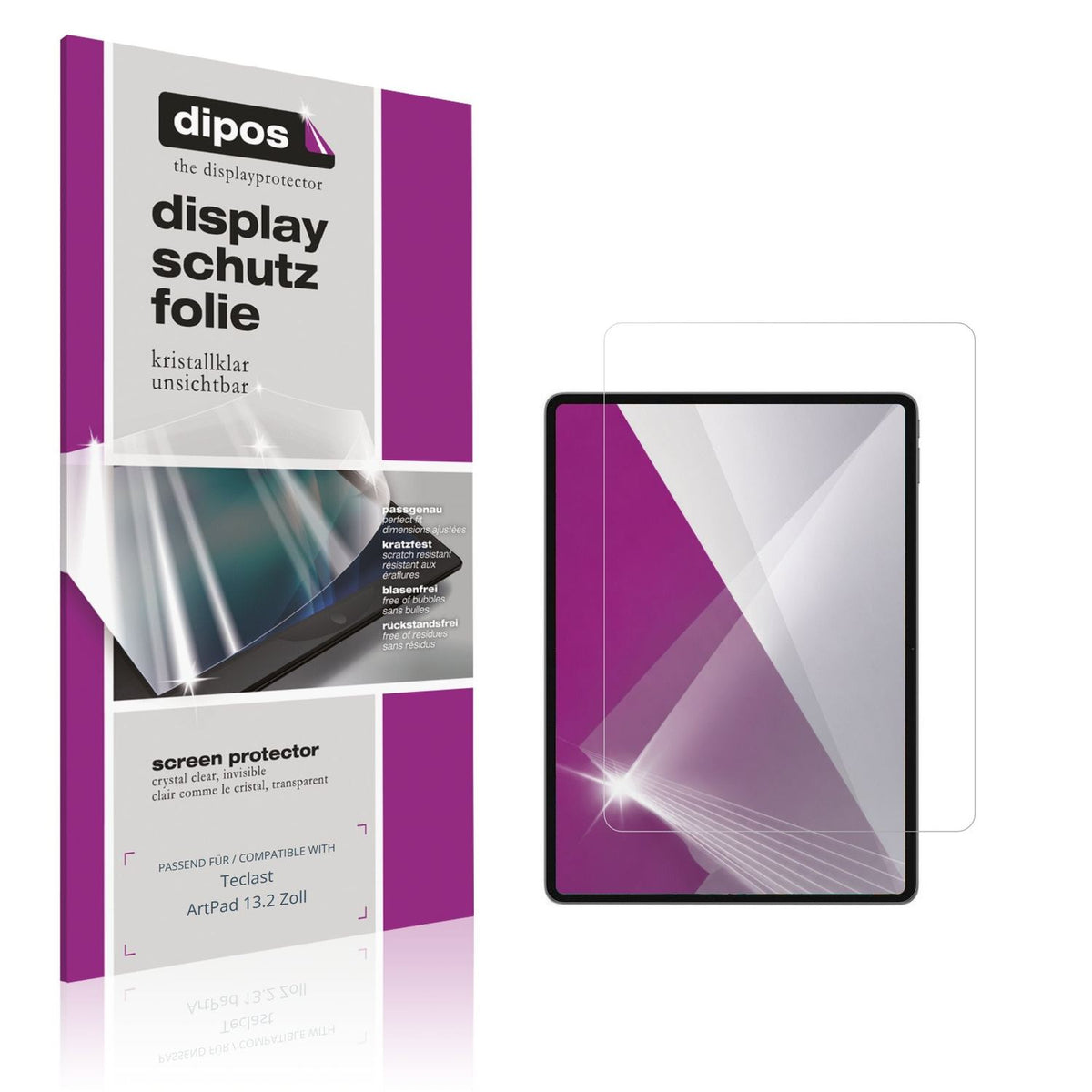 Klare Displayschutzfolie von dipos passend für Teclast ArtPad 13.2 Zoll, präziser Zuschnitt und blasenfrei montiert